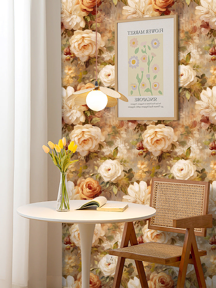 HaokHome Wallpaper Peel and Stick Rose Floral Watercolor Wall Decor in Cream, Beige & Orange Removable Mural