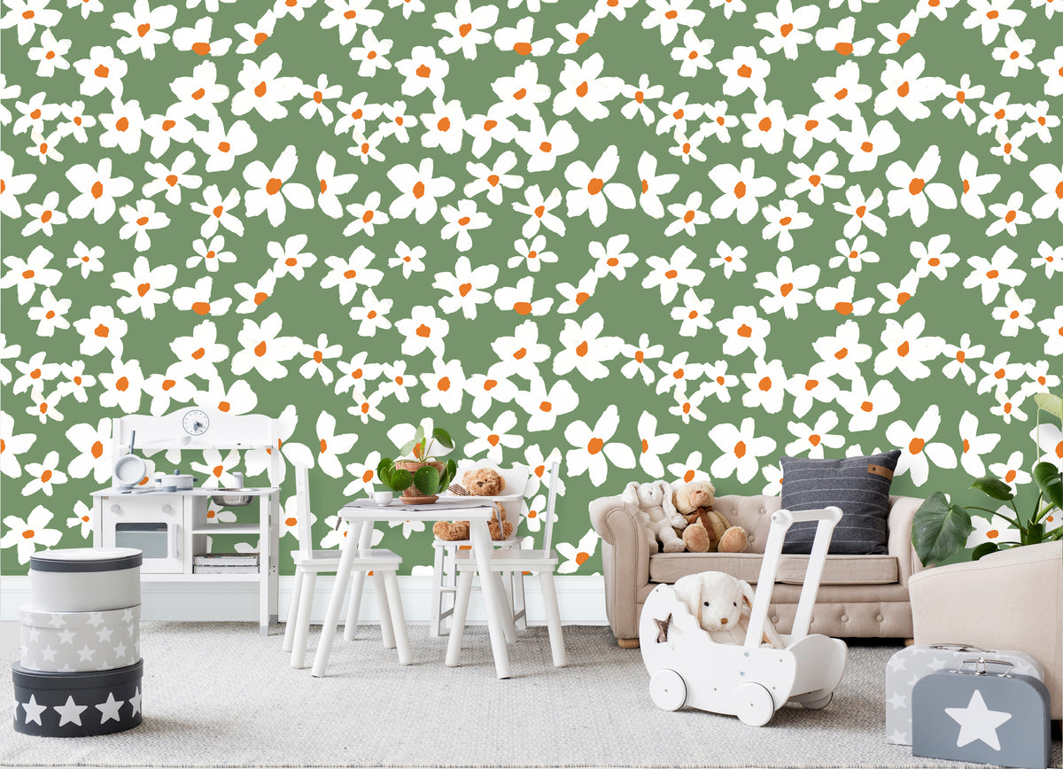 Sage Daisy Minimal Cottage Wallpaper