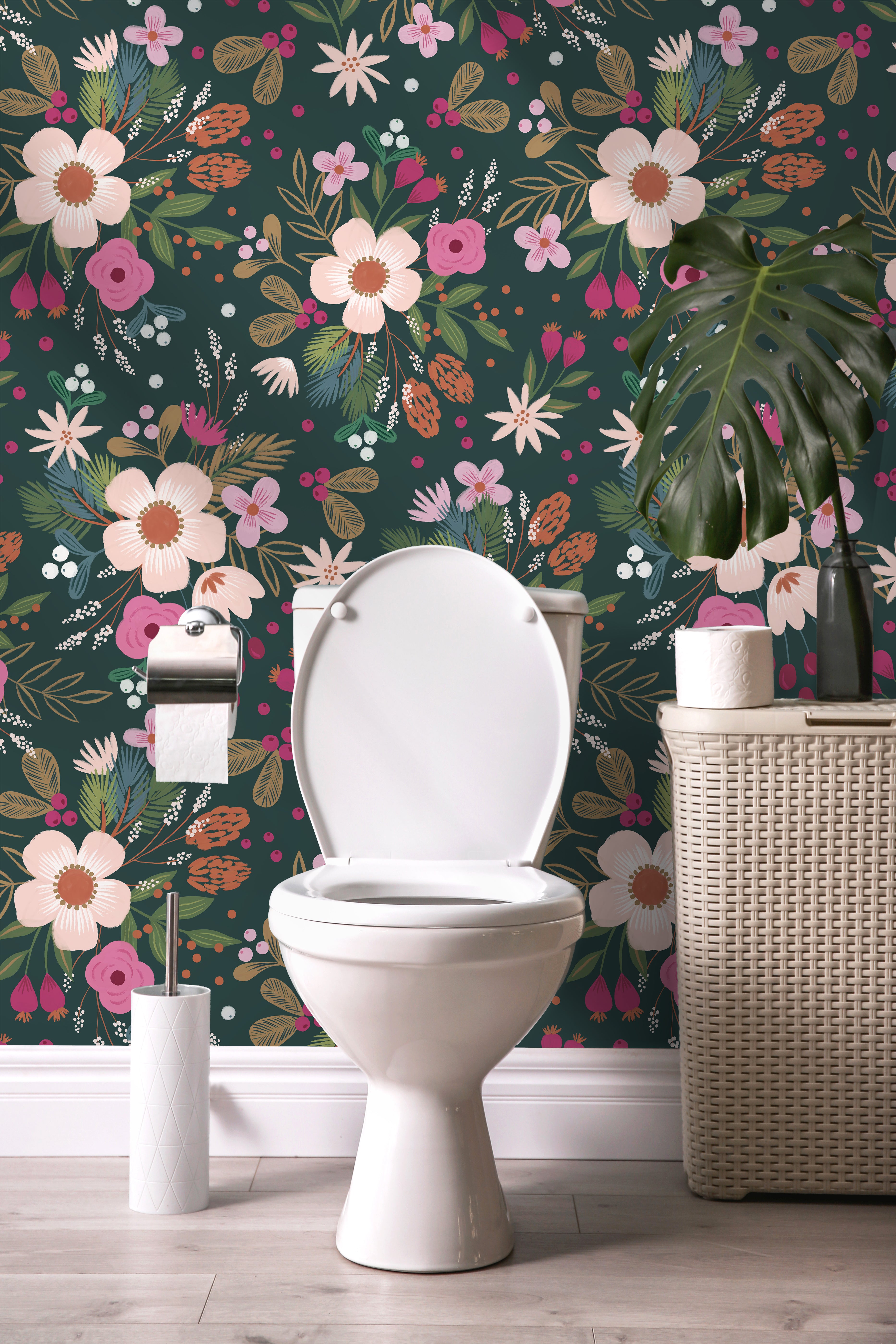 Deep Teal Winter Floral Wallpaper – Warm Soft Blossom Botanical Print