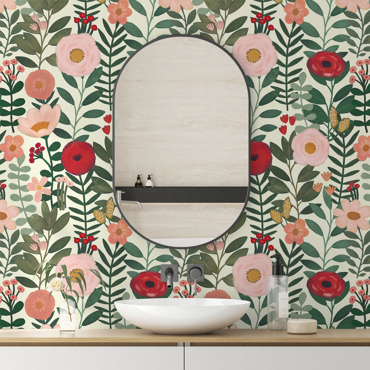 HaokHome Wallpaper Peel and Stick Floral Beige/Pink/Red Botanical Wall Decor Removable Mural