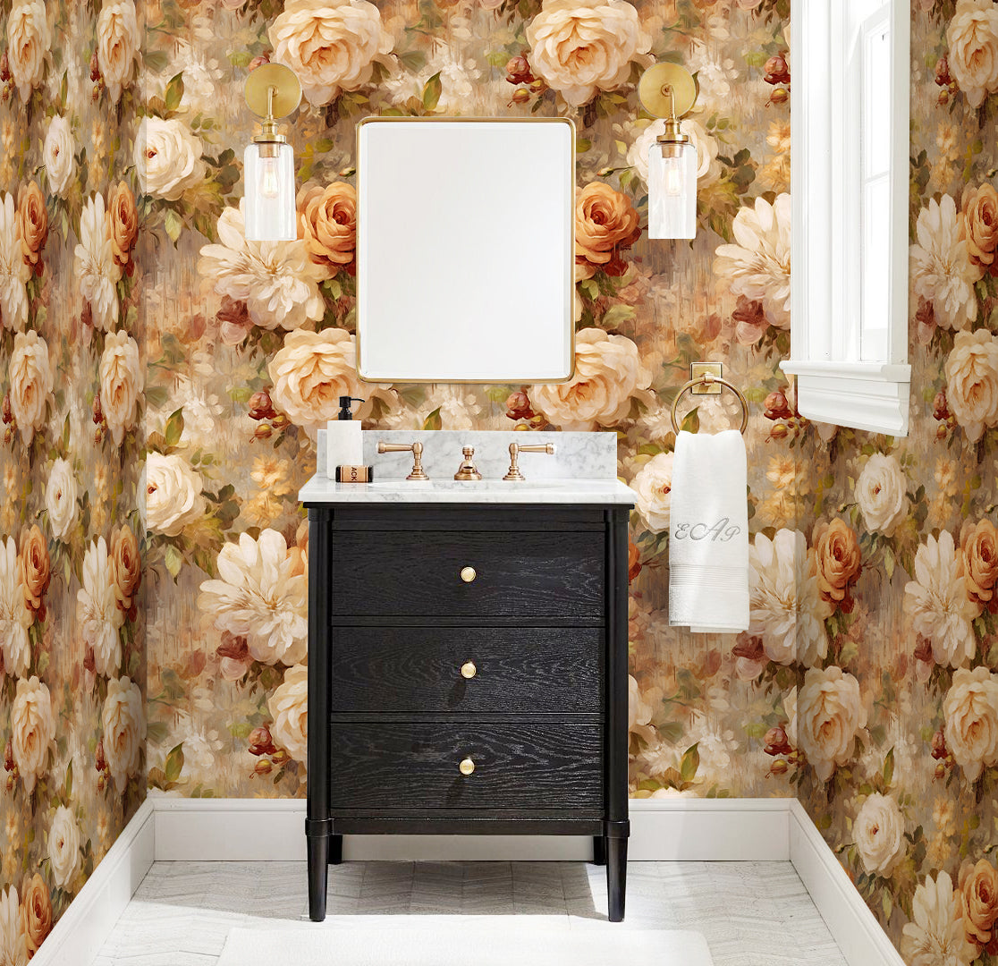 HaokHome Wallpaper Peel and Stick Rose Floral Watercolor Wall Decor in Cream, Beige & Orange Removable Mural