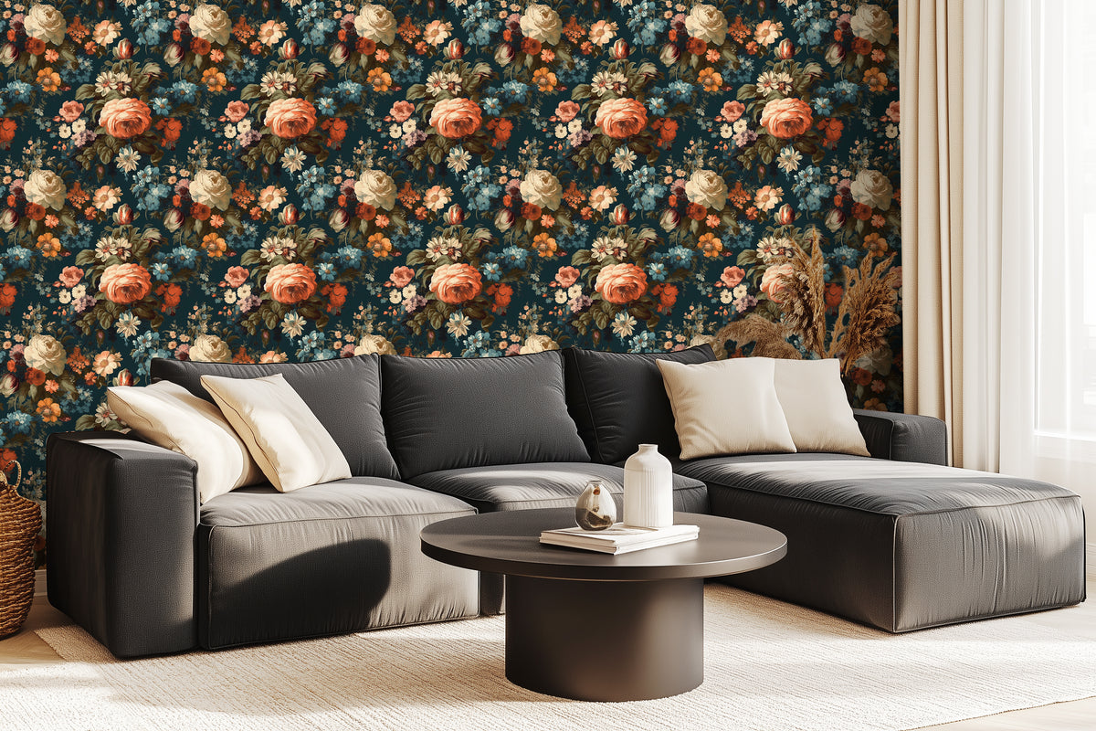HaokHome Dark Botanical Vintage Floral Wallpaper - Orange Roses, Blue Daisies & White Peonies on Deep Teal Background