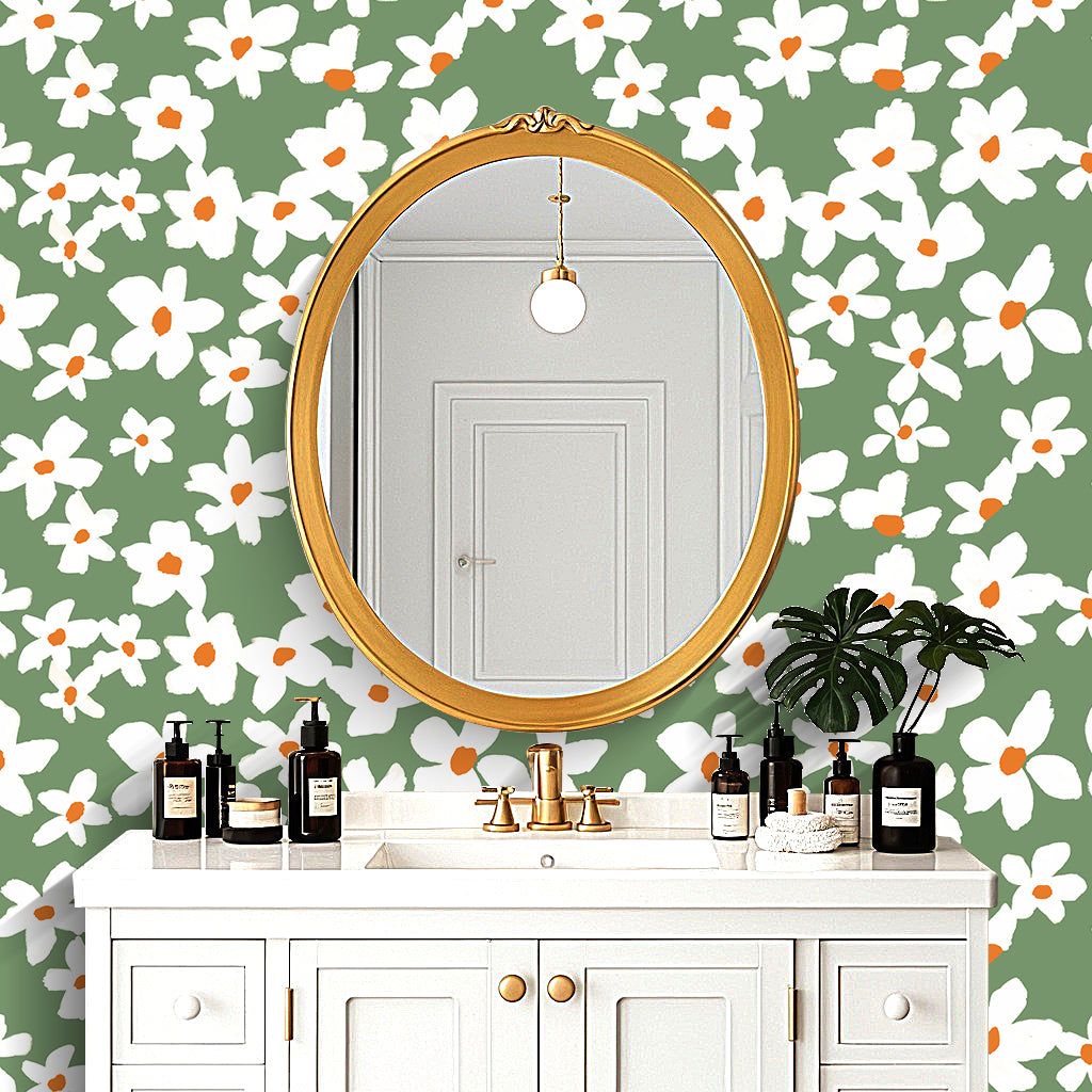 Sage Daisy Minimal Cottage Wallpaper