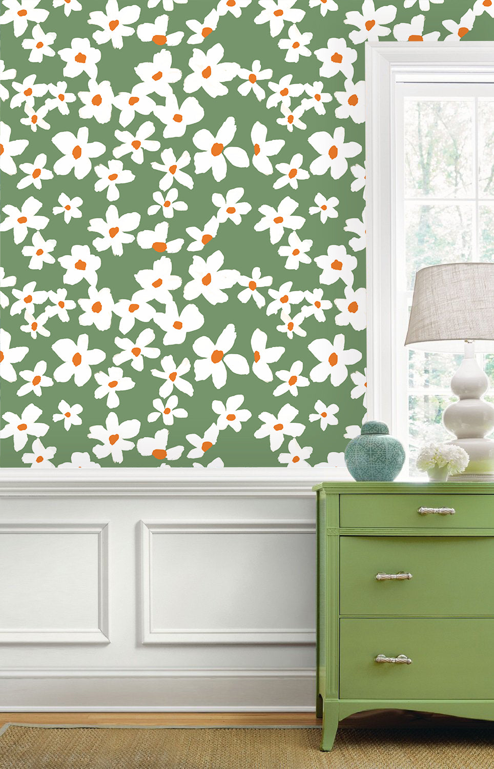 HaokHome Peel and Stick Wallpaper Green White Daisy Floral Wall Mural Removable Self Adhesive Minimalist Botanical Wallpaper