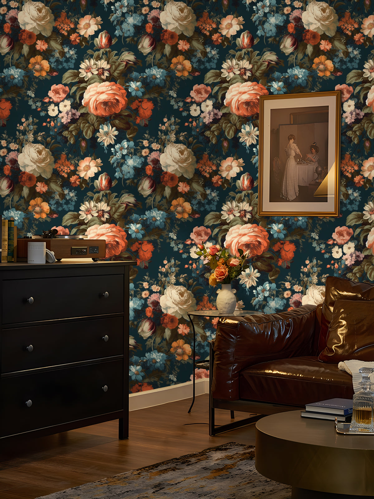 HaokHome Dark Botanical Vintage Floral Wallpaper - Orange Roses, Blue Daisies & White Peonies on Deep Teal Background
