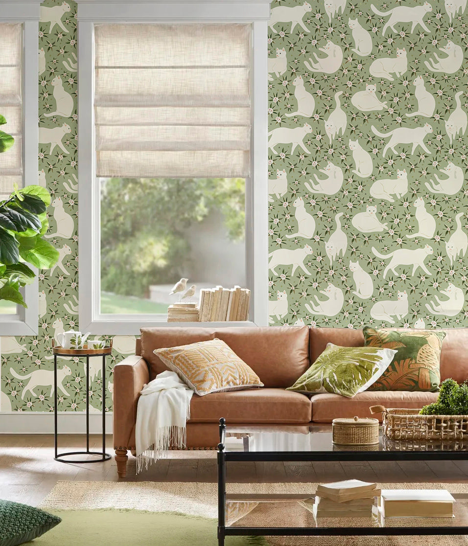 HaokHome Gentle White Cat Floral Removable Self‑Adhesive Wall Covering, Soft Sage Green Botanical Peel and Stick Wallpaper