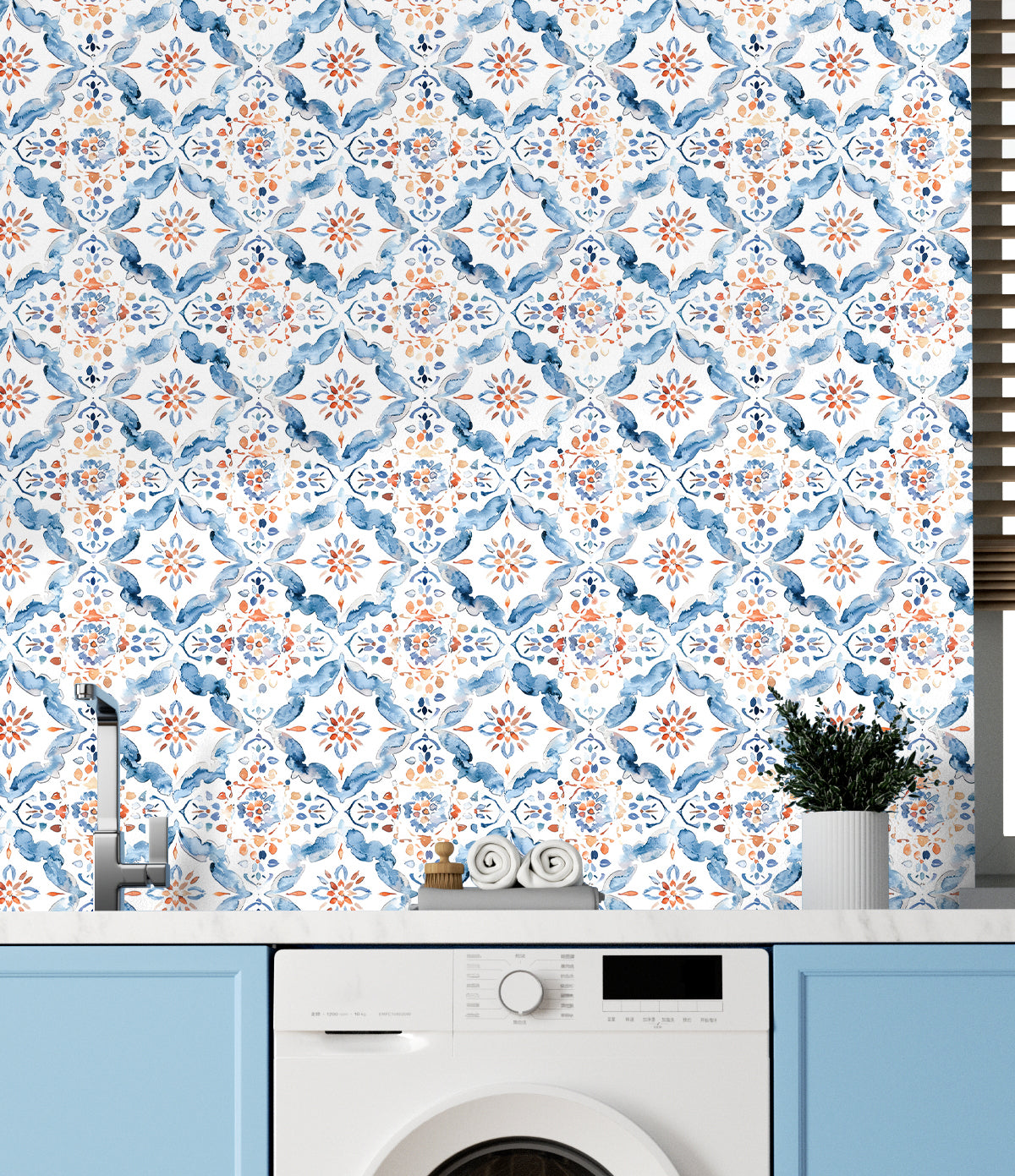 HaokHome Mediterranean Tile Peel and Stick Wallpaper Watercolor Pattern Removable Wall Decor for Kitchen & Bathroom