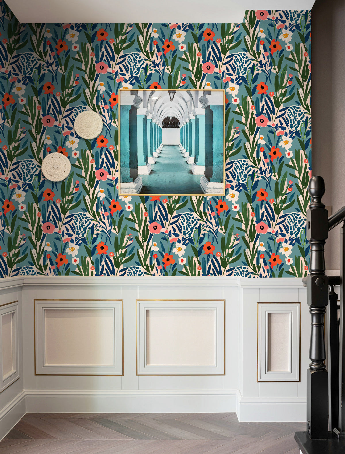 HaokHome Wallpaper Peel and Stick Floral Blue/Red/Green Abstract Wall Decor Removable Mural