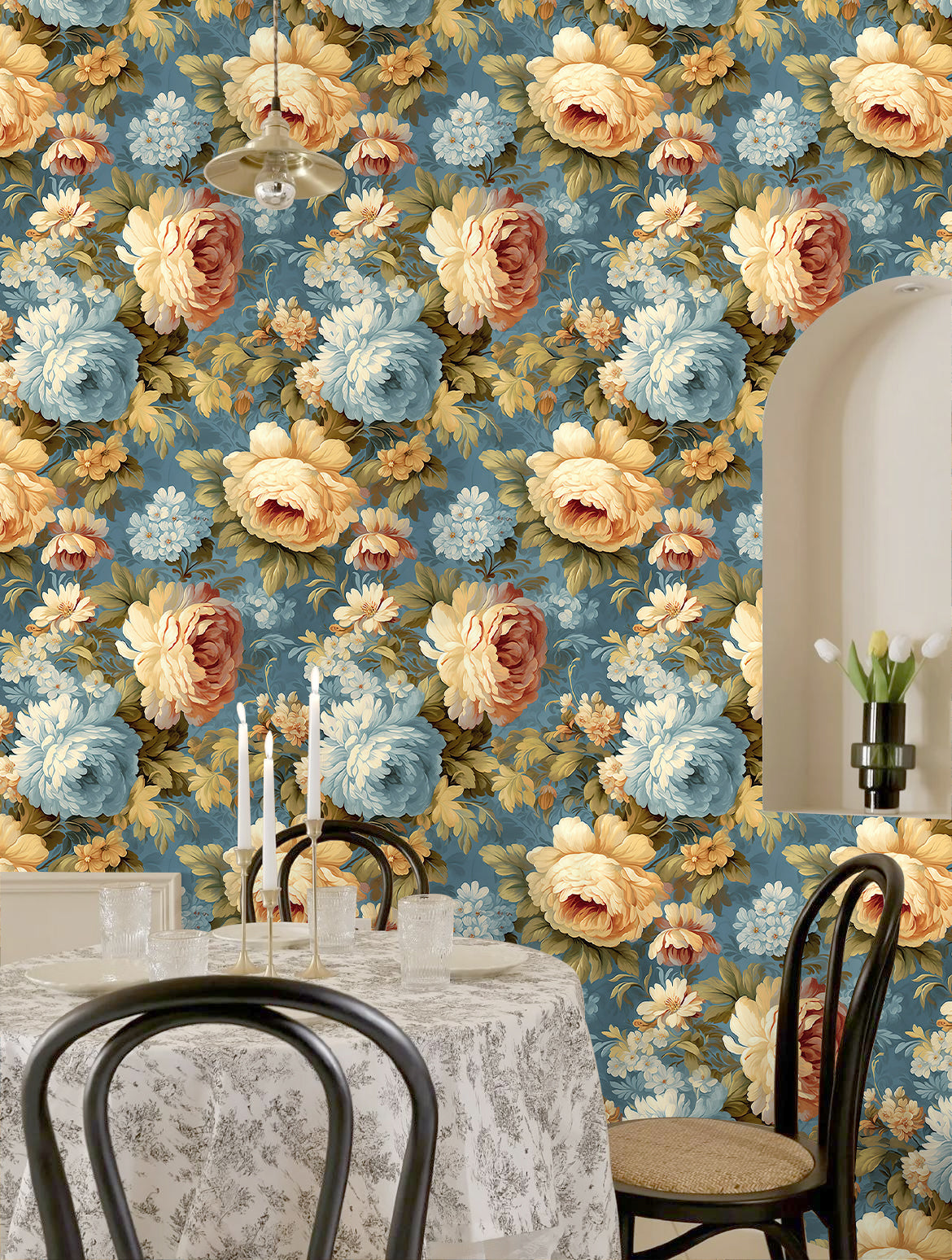 HaokHome Wallpaper Peel and Stick Floral Vintage Blue/Gold/White Classic Wall Decor Living Room Removable Mural