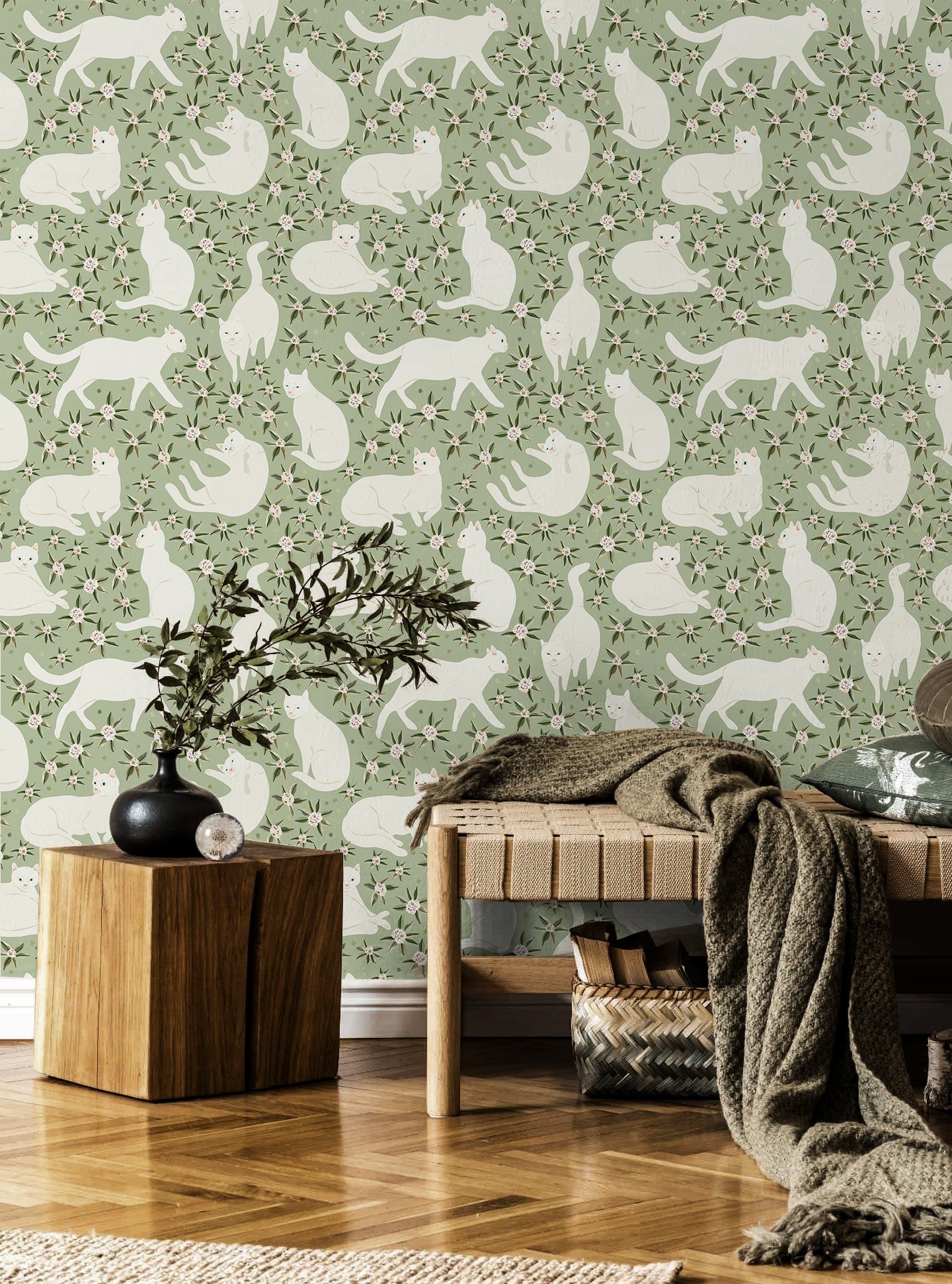 HaokHome Gentle White Cat Floral Removable Self‑Adhesive Wall Covering, Soft Sage Green Botanical Peel and Stick Wallpaper