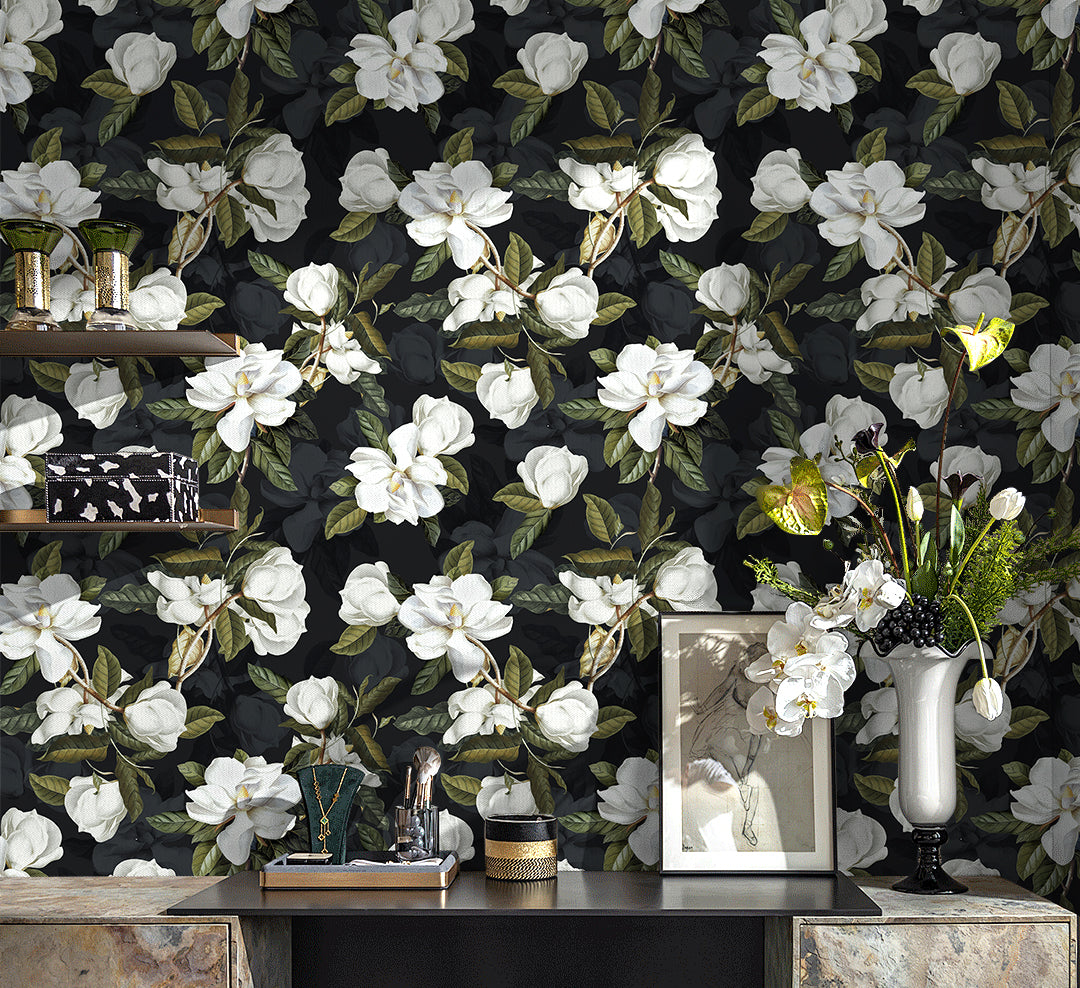 HaokHome Dark Magnolia Floral Peel and Stick Wallpaper, Moody Botanical Removable Wallpaper