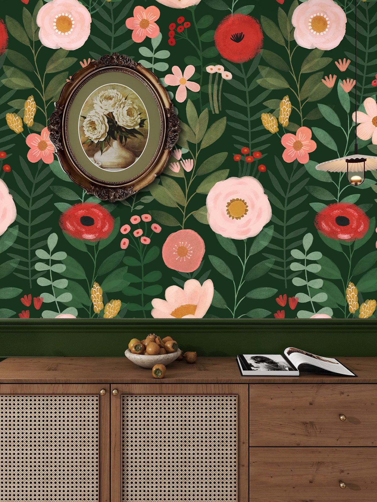 HaokHome Wallpaper Peel and Stick Floral Green/Pink/Red Botanical Wall Decor Removable Mural