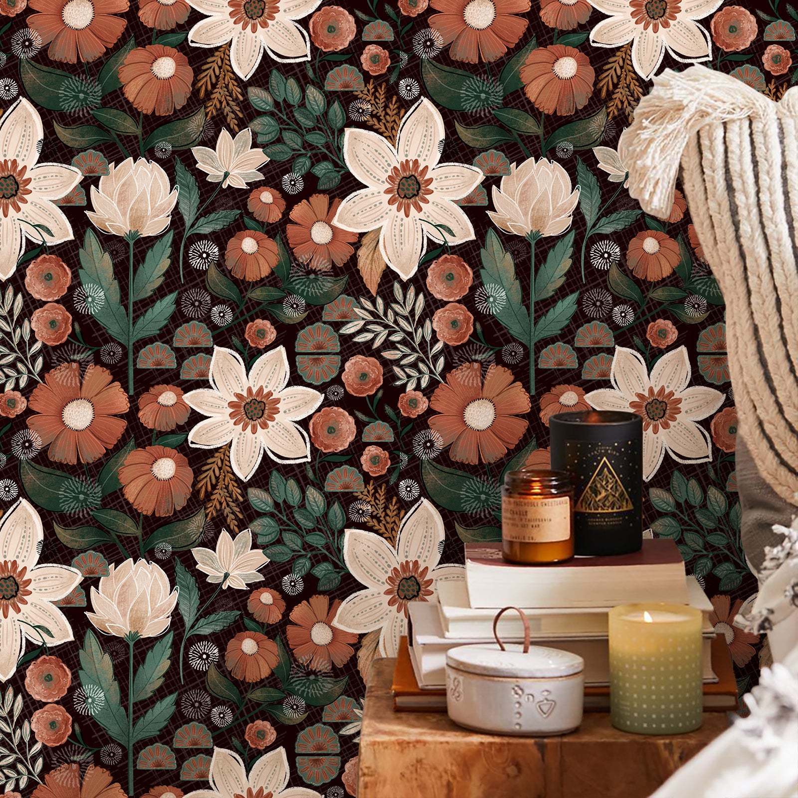 HaokHome Wallpaper Peel and Stick Floral Botanical Dark Brown/Beige/Green Retro Wall Decor Removable Mural for Bedroom & Living Room