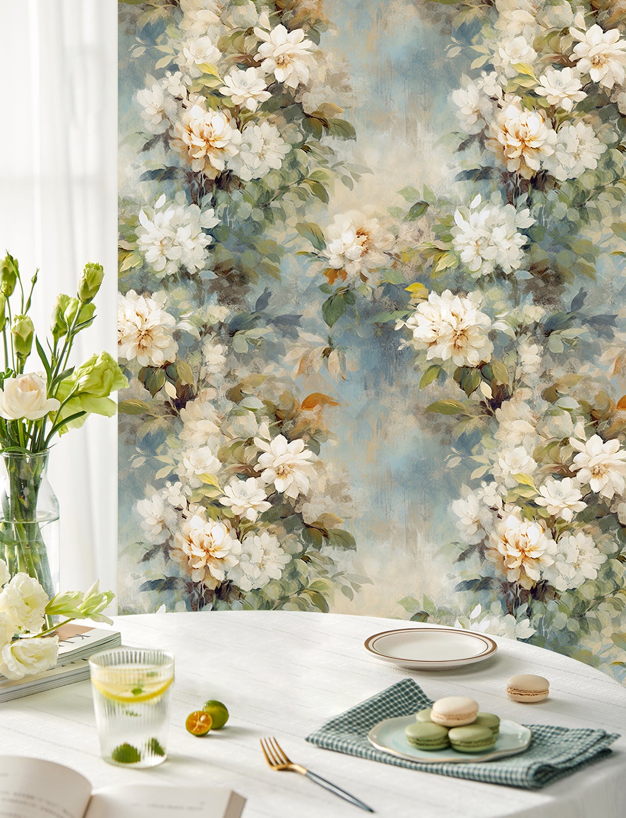 HaokHome Peel and Stick Wallpaper Rustic Vintage White Peony Oil Painting Wall Mural Removable Self Adhesive Soft Cottage Floral Wallpaper