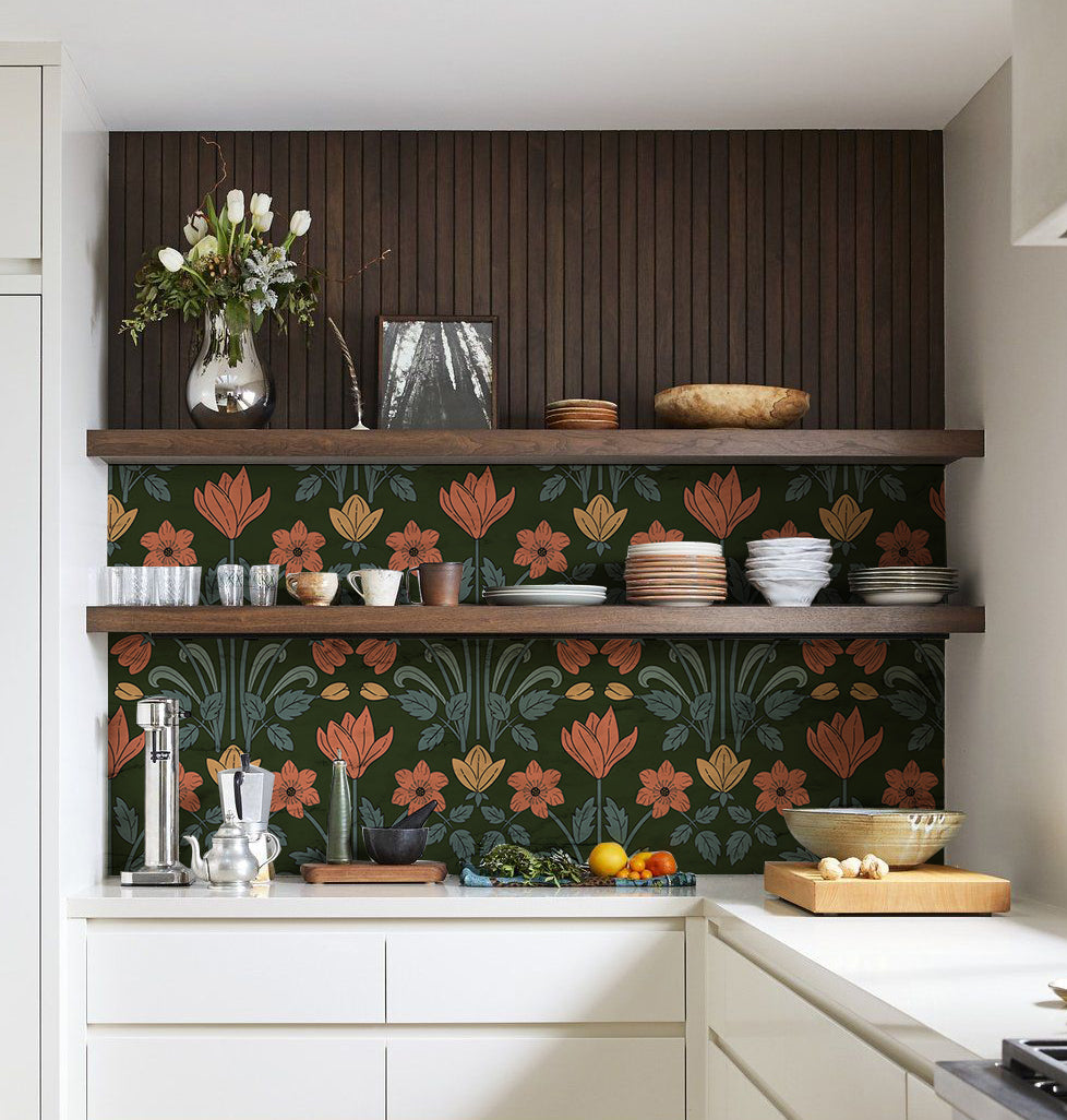 Dark Green Art Nouveau Symmetric Tulip Peel and Stick Floral Wallpaper