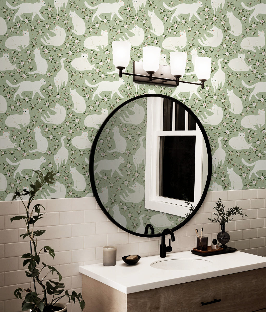 HaokHome Gentle White Cat Floral Removable Self‑Adhesive Wall Covering, Soft Sage Green Botanical Peel and Stick Wallpaper