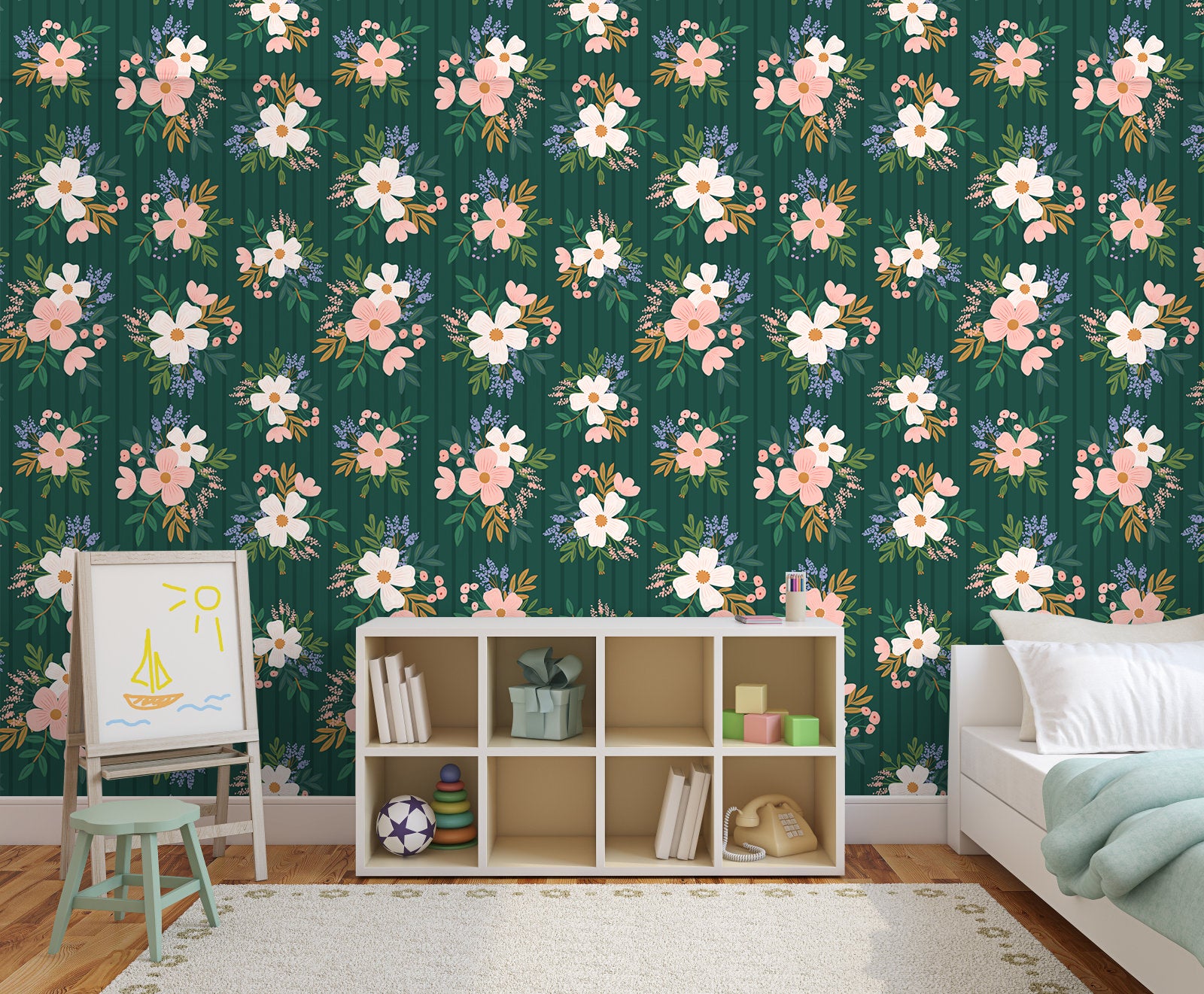 HaokHome Wallpaper Peel and Stick Botanical Floral Green/Pink/White Rustic Wall Decor Removable Mural for Bedroom & Living Room