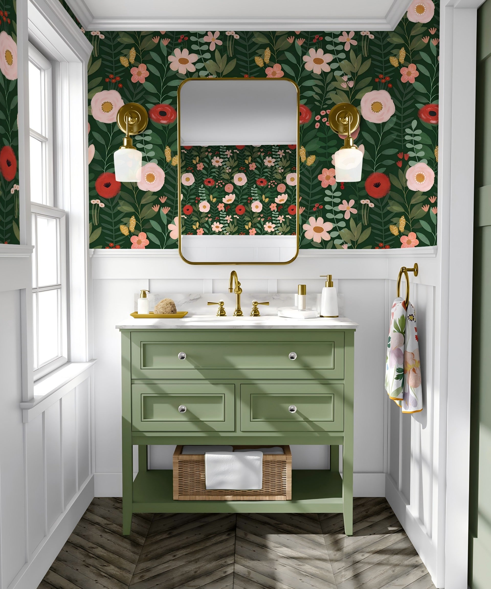 HaokHome Wallpaper Peel and Stick Floral Green/Pink/Red Botanical Wall Decor Removable Mural