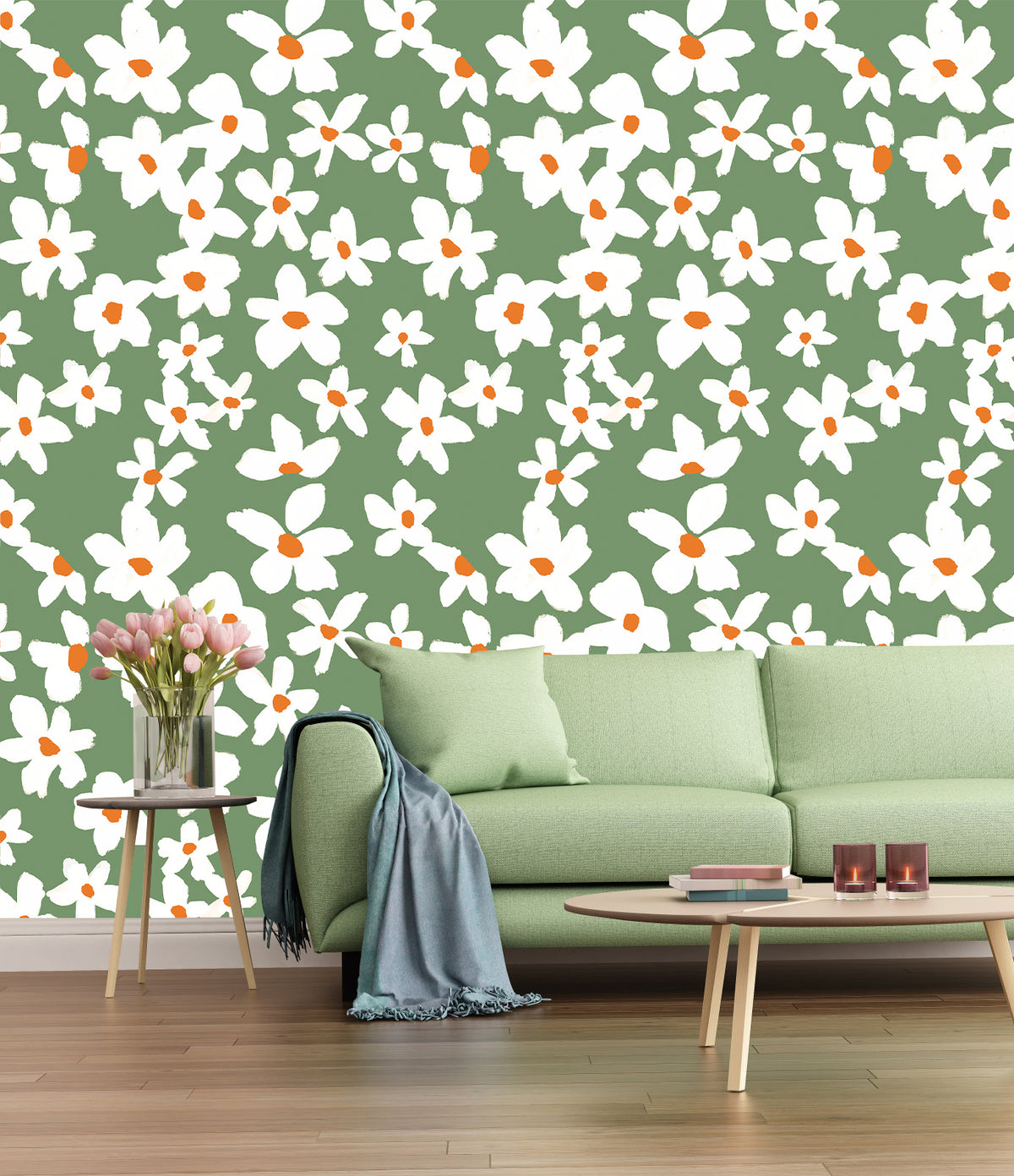 Sage Daisy Minimal Cottage Wallpaper