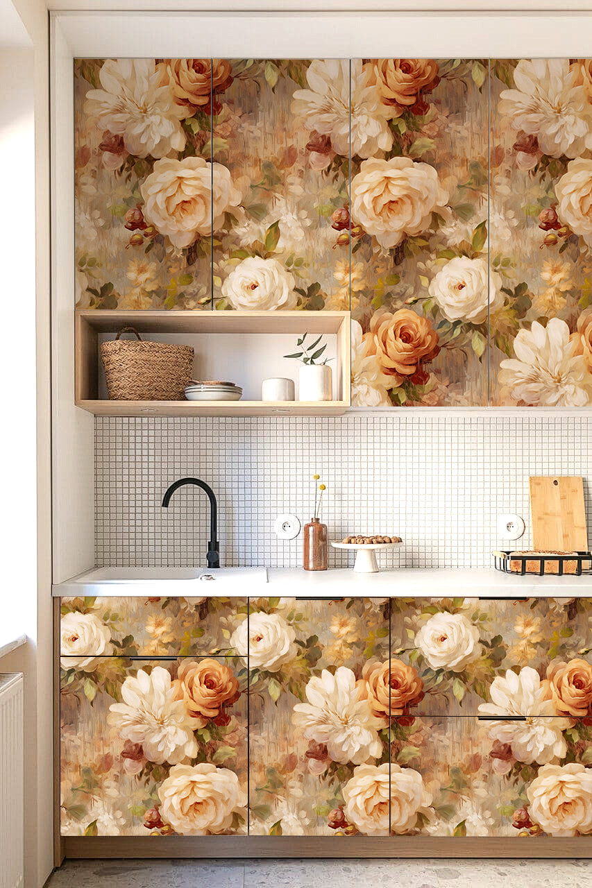 HaokHome Wallpaper Peel and Stick Rose Floral Watercolor Wall Decor in Cream, Beige & Orange Removable Mural