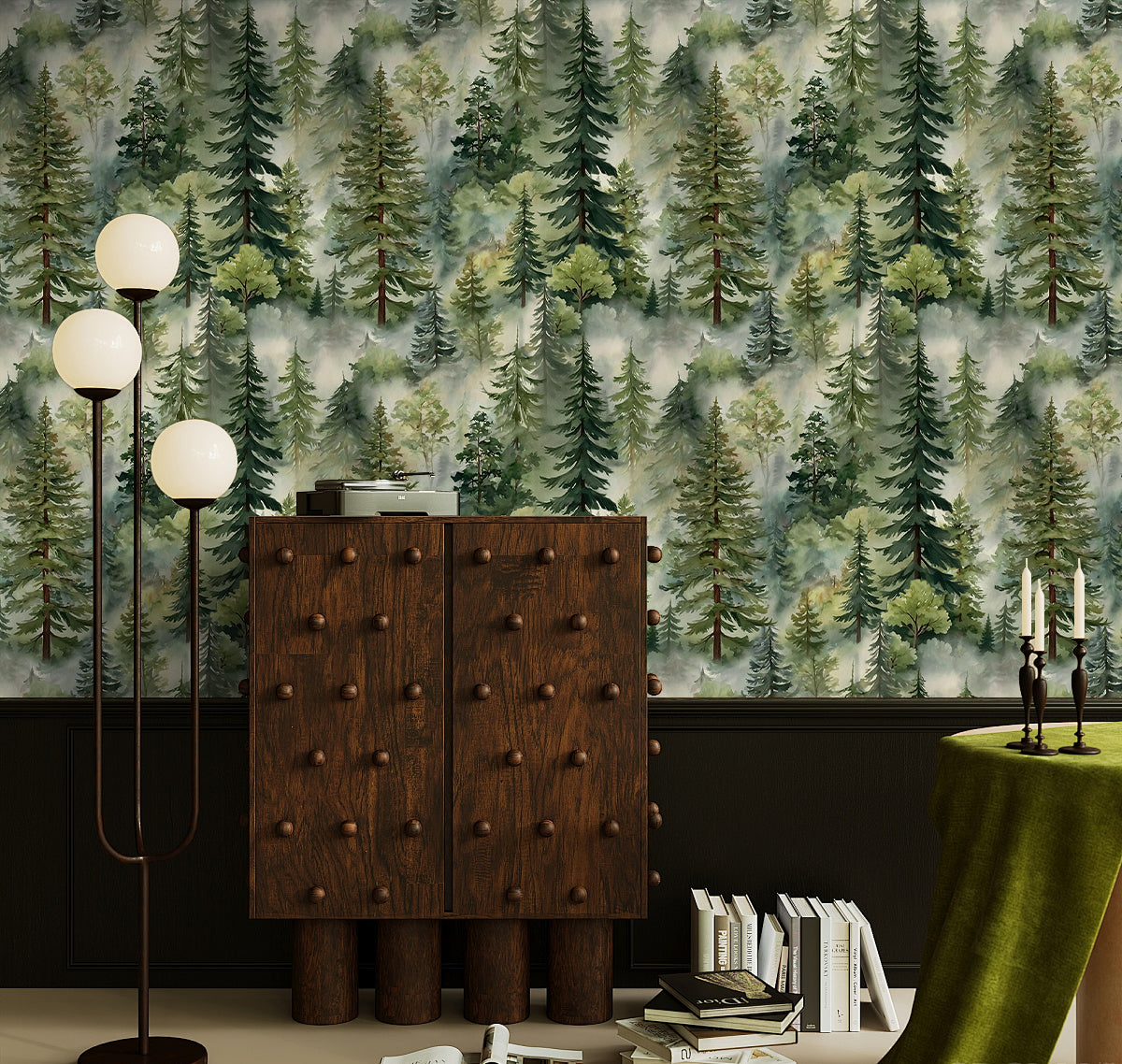 HaokHome Misty Forest Watercolor Pine Tree Peel and Stick Wallpaper, Removable Nature Woodland Wall Mural