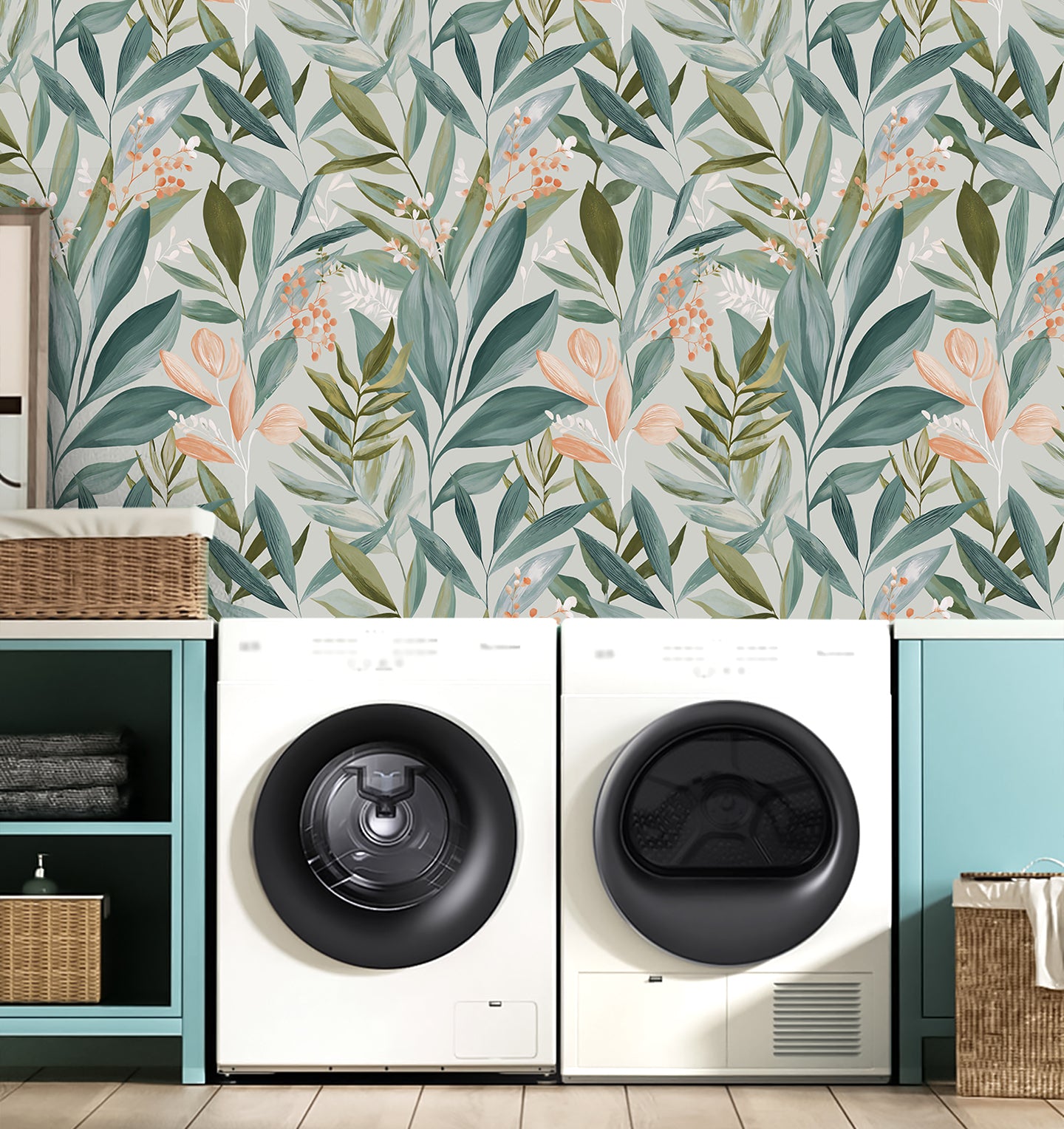 HaokHome Peel and Stick Wallpaper Watercolor Green Leaf Botanical Wall Mural Removable Self Adhesive Soft Sage Floral Wallpaper
