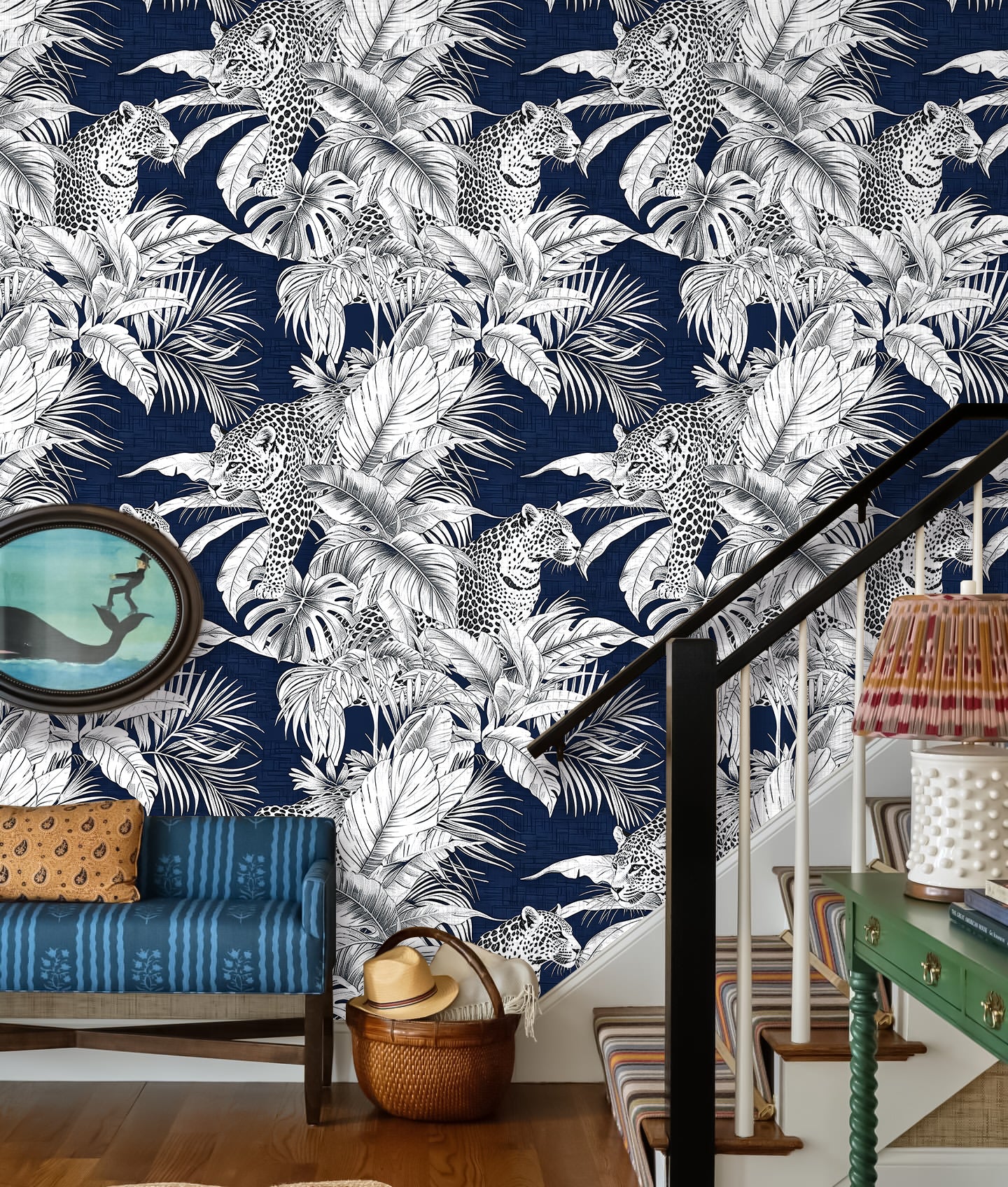 HaokHome Peel and Stick Wallpaper Tropical Leopard Navy Botanical Wall Mural Removable Self Adhesive Jungle Animal Wallpaper