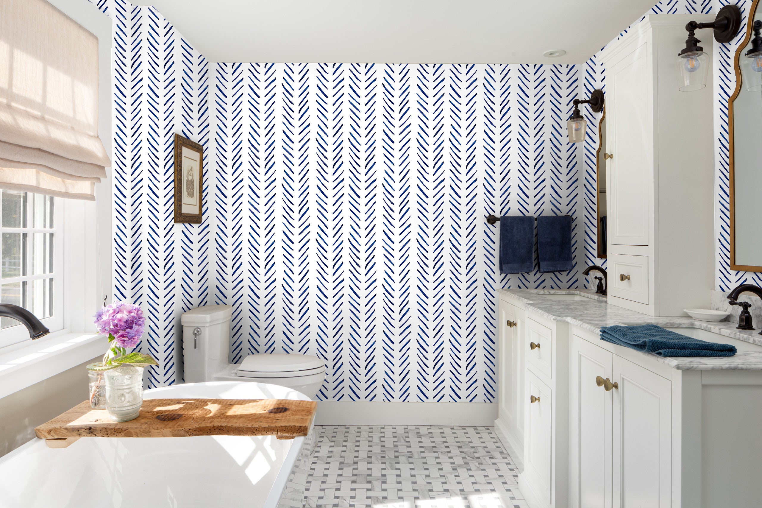 HaokHome Boho Wallpaper Peel and Stick Wallpaper Stripes Removable Navy/White Chevron Vinyl Stick On Contact Paper Mural