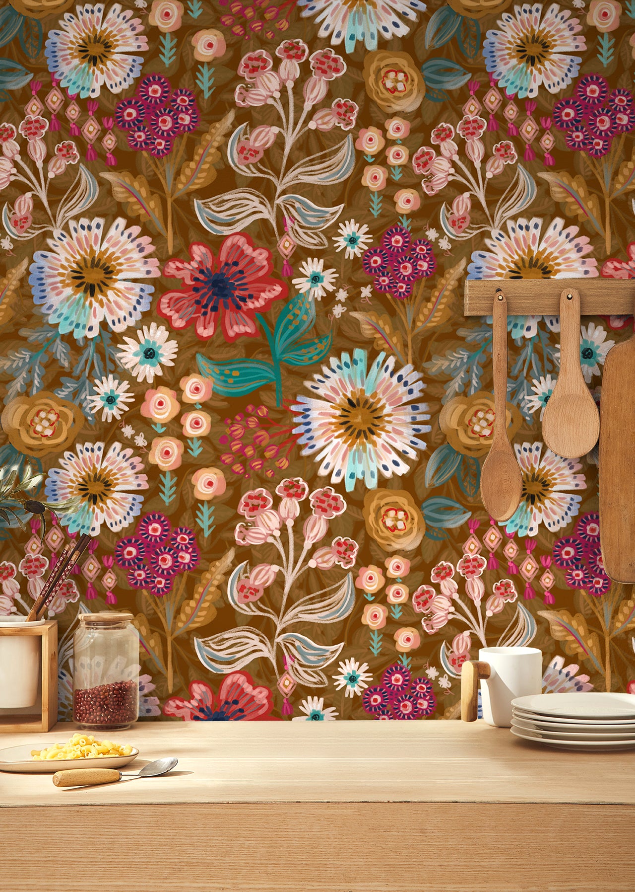 HaokHome Peel and Stick Wallpaper Warm Brown Folk Wildflower Hand‑Painted Botanical Removable Wallpaper for Accent Wall