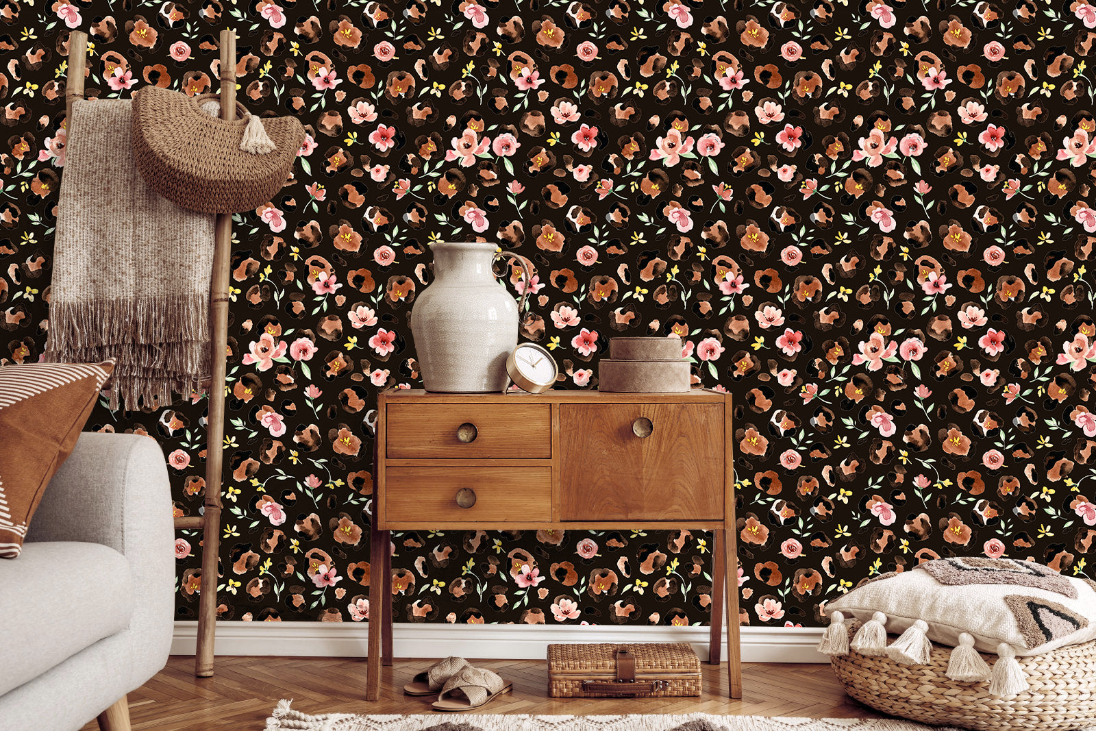 HaokHome Watercolor Leopard Floral Peel and Stick Wallpaper – Pink Flowers on Dark Brown Background