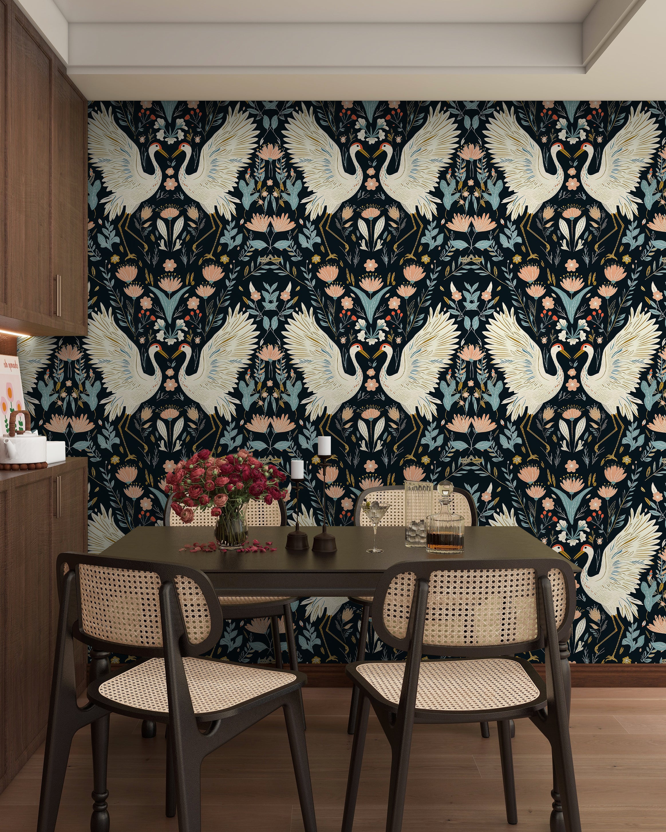 HaokHome Peel and Stick Wallpaper Chinoiserie Crane Floral Botanical Wall Mural Removable Self Adhesive Dark Vintage Wallpaper