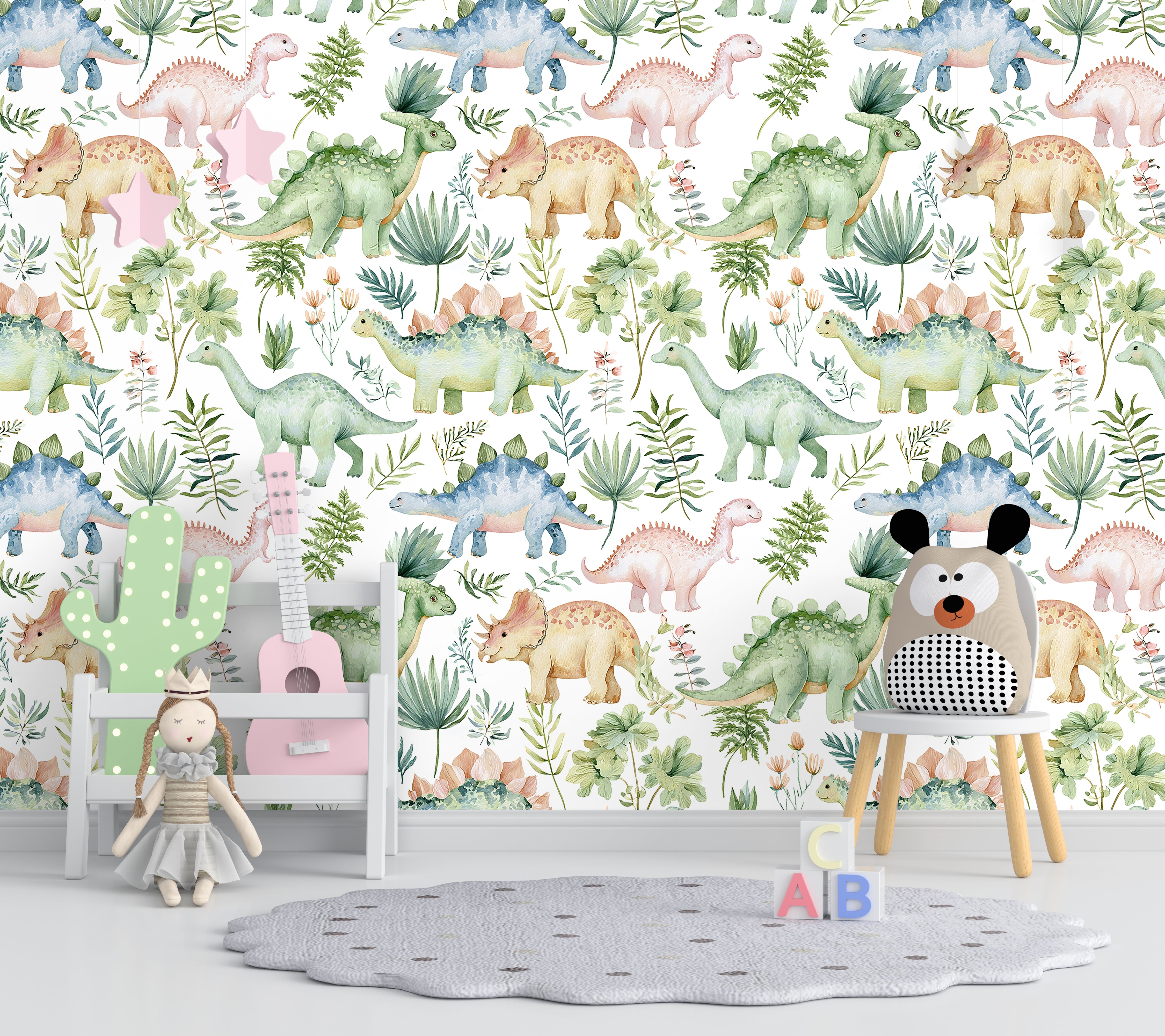 HaokHome Peel and Stick Wallpaper Watercolor Dinosaur Wall Mural Removable Self Adhesive Kids Botanical Wallpaper