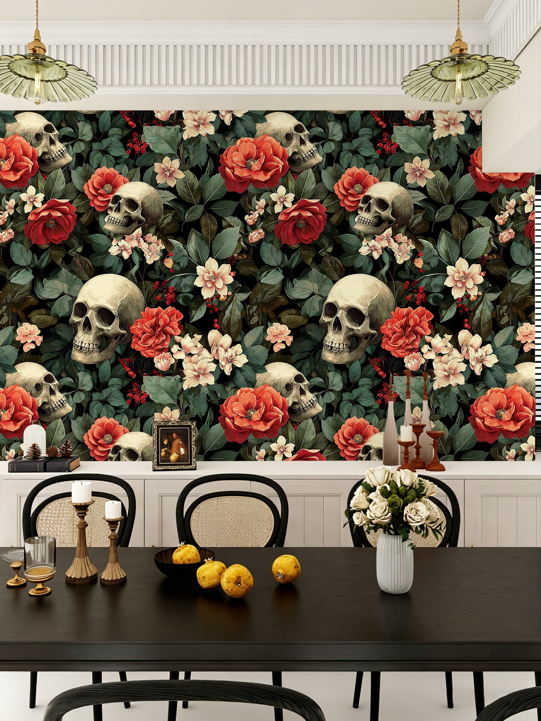 Skull Floral Wallpaper – Dark Gothic Moody Botanical Print