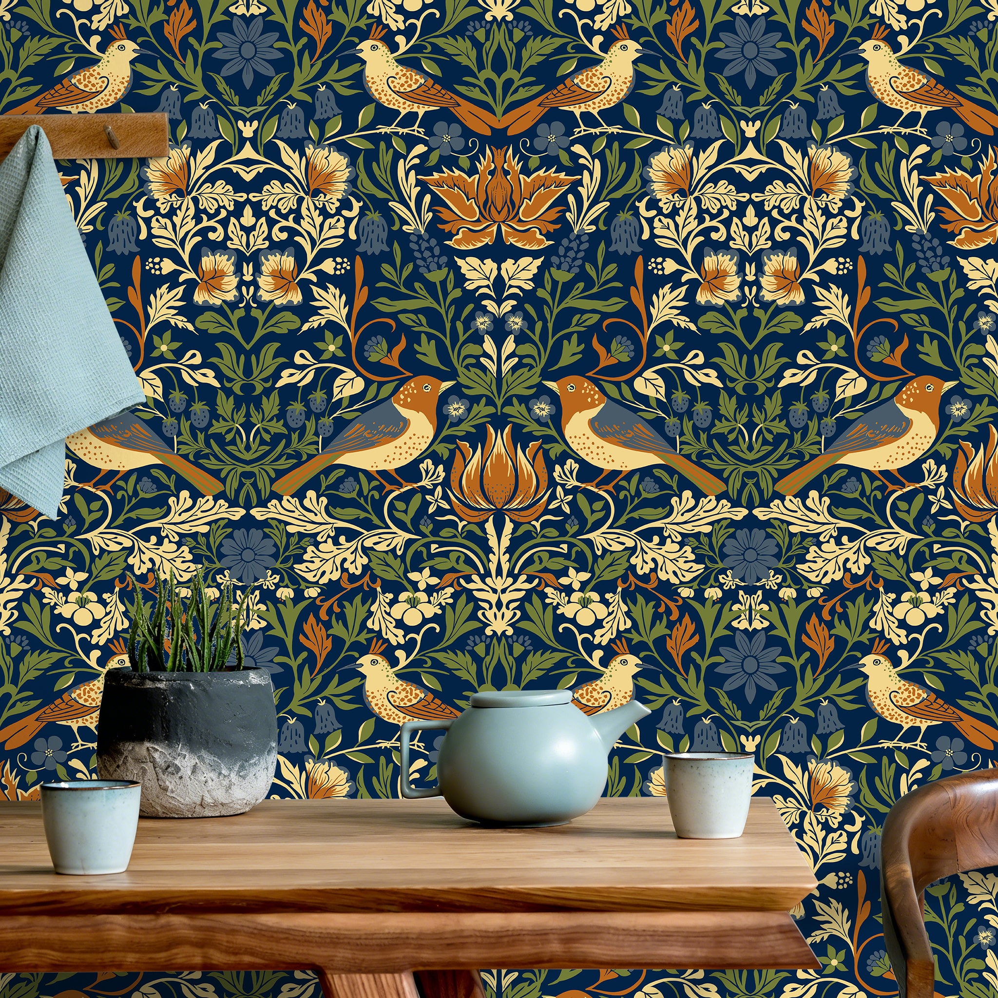 HaokHome Peel and Stick Wallpaper Navy Blue William Morris Bird Floral Wall Mural Removable Self Adhesive Vintage Botanical Wallpaper