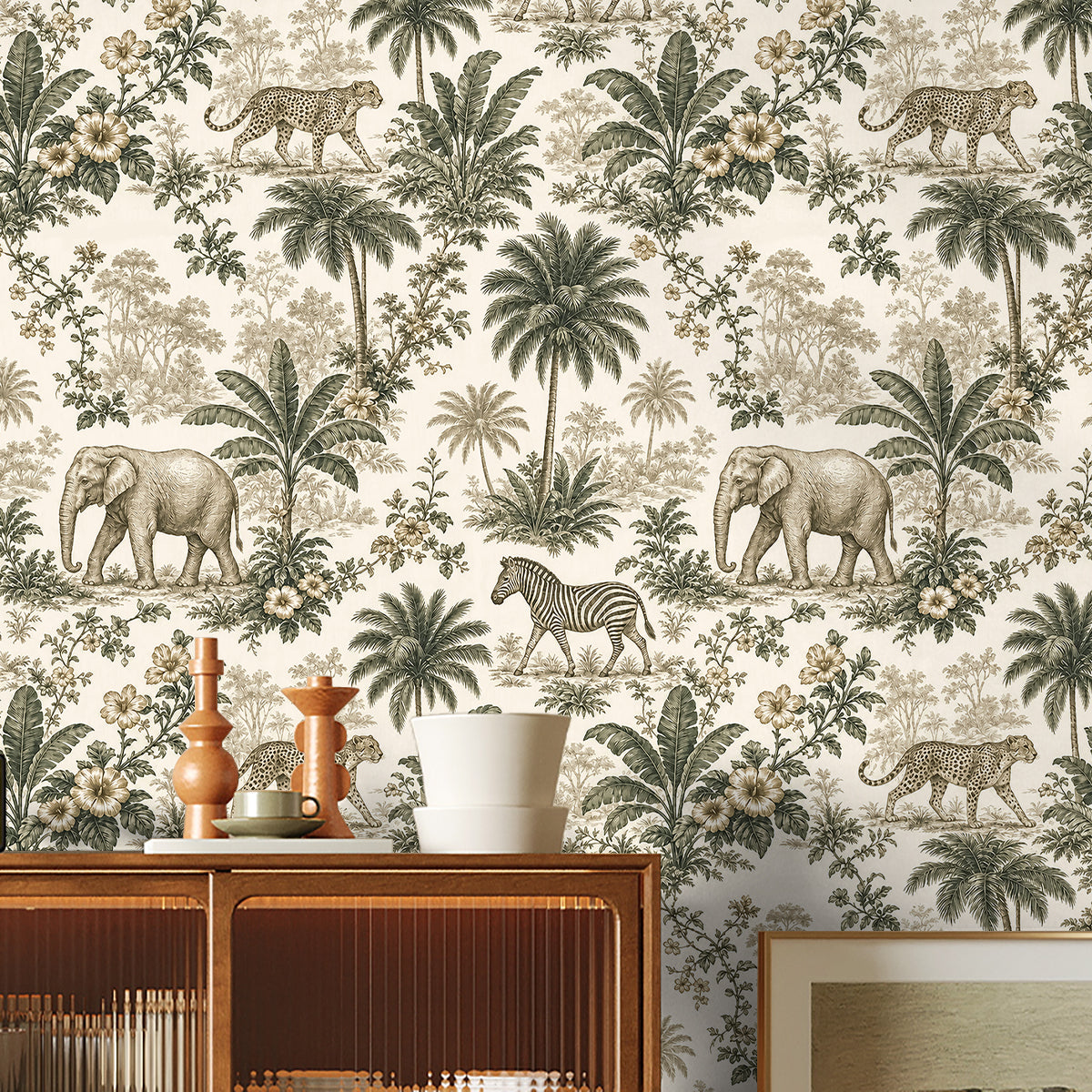 Safari Toile Wallpaper – Vintage Jungle Sketch Wallpaper