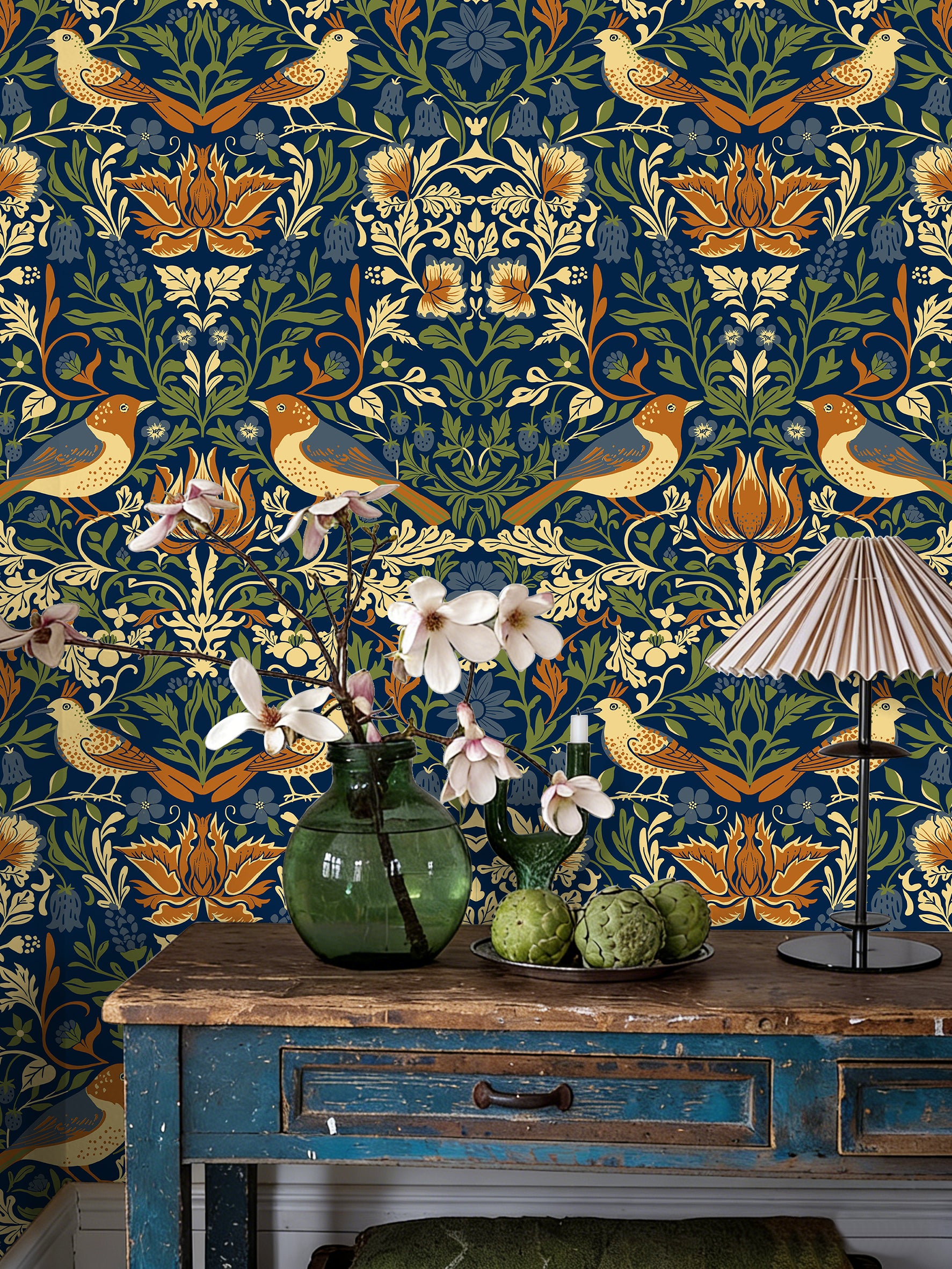HaokHome Peel and Stick Wallpaper Navy Blue William Morris Bird Floral Wall Mural Removable Self Adhesive Vintage Botanical Wallpaper