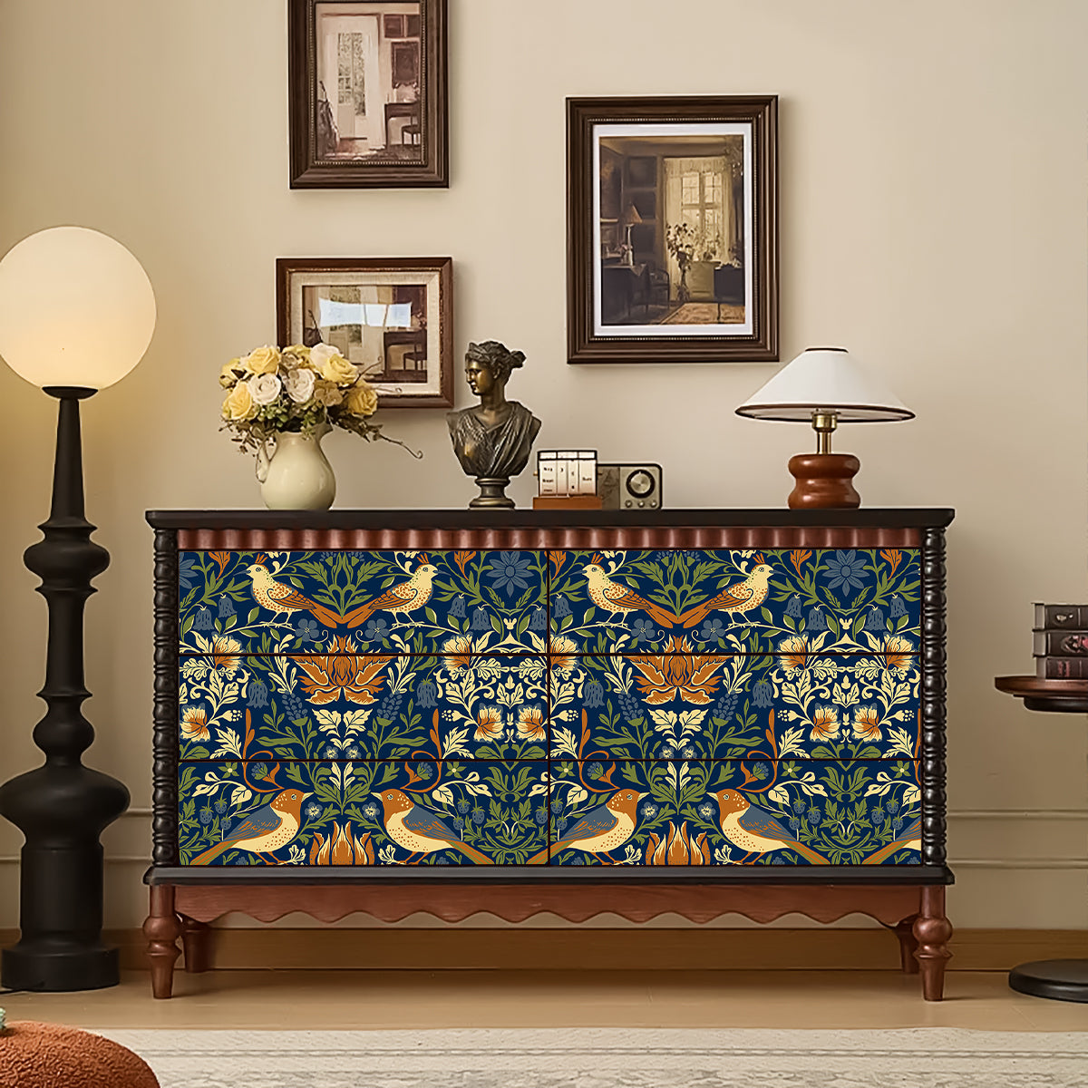 HaokHome Peel and Stick Wallpaper Navy Blue William Morris Bird Floral Wall Mural Removable Self Adhesive Vintage Botanical Wallpaper
