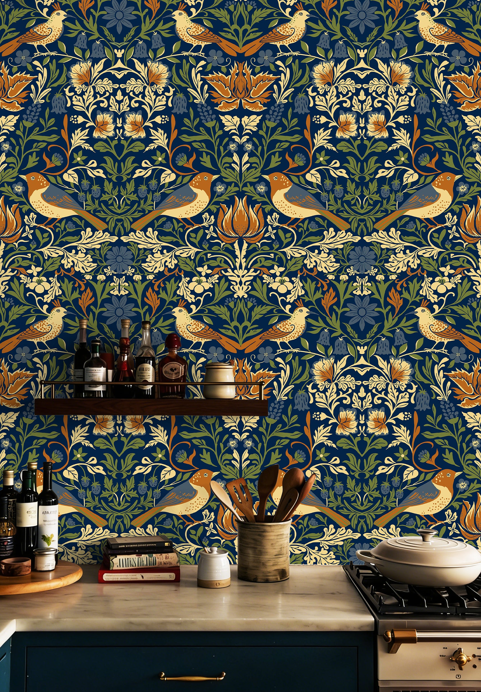 HaokHome Peel and Stick Wallpaper Navy Blue William Morris Bird Floral Wall Mural Removable Self Adhesive Vintage Botanical Wallpaper