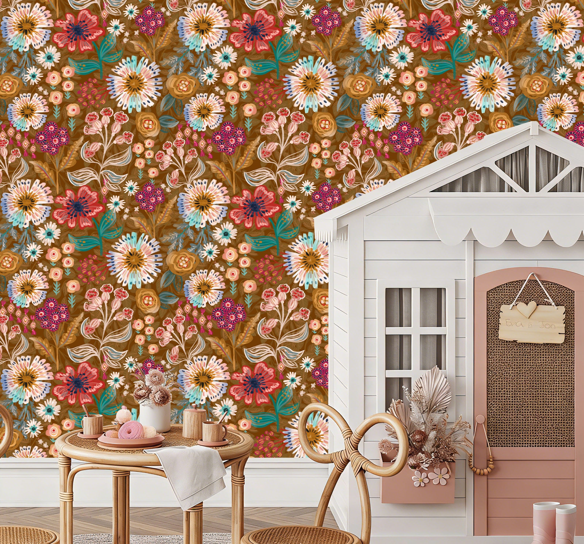 HaokHome Peel and Stick Wallpaper Warm Brown Folk Wildflower Hand‑Painted Botanical Removable Wallpaper for Accent Wall