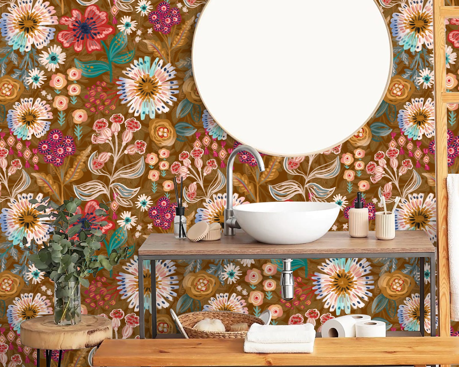HaokHome Peel and Stick Wallpaper Warm Brown Folk Wildflower Hand‑Painted Botanical Removable Wallpaper for Accent Wall