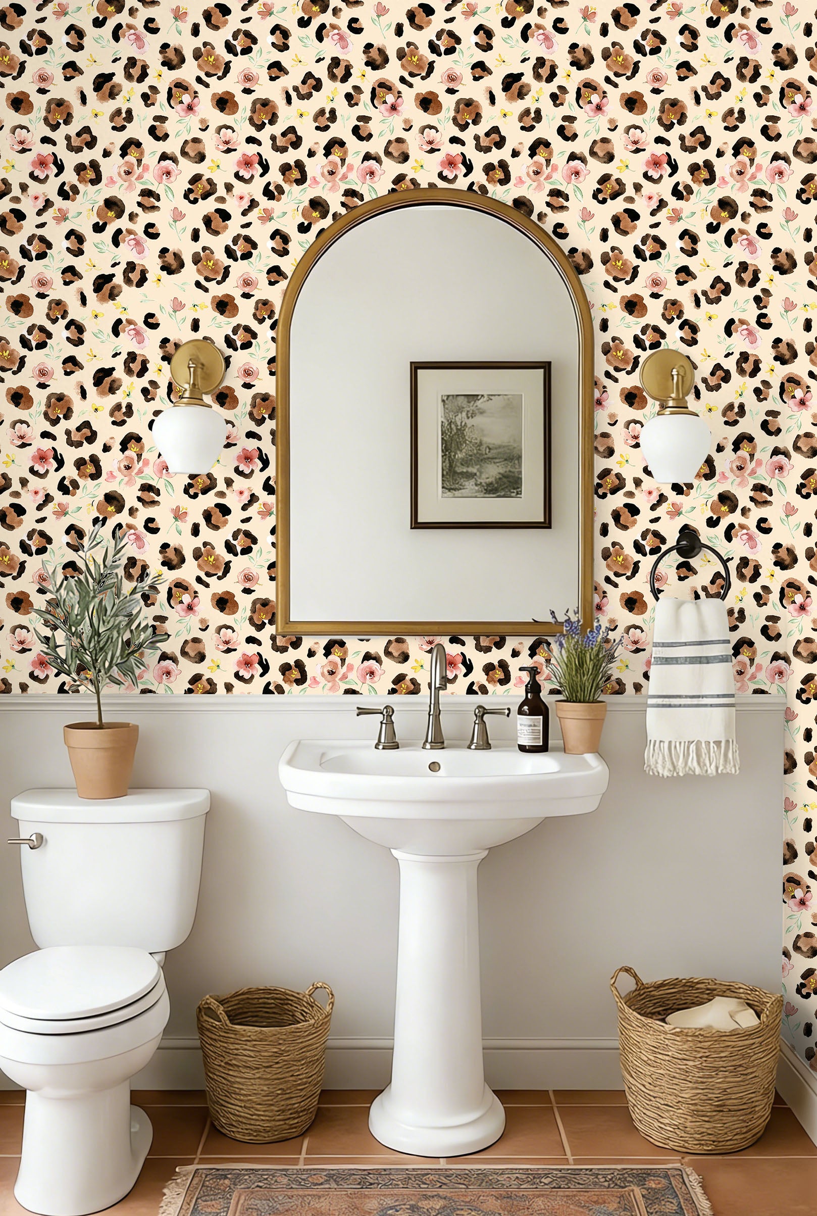 HaokHome Peel and Stick Wallpaper Watercolor Leopard Print Floral Wall Mural Removable Self Adhesive Soft Botanical Wallpaper
