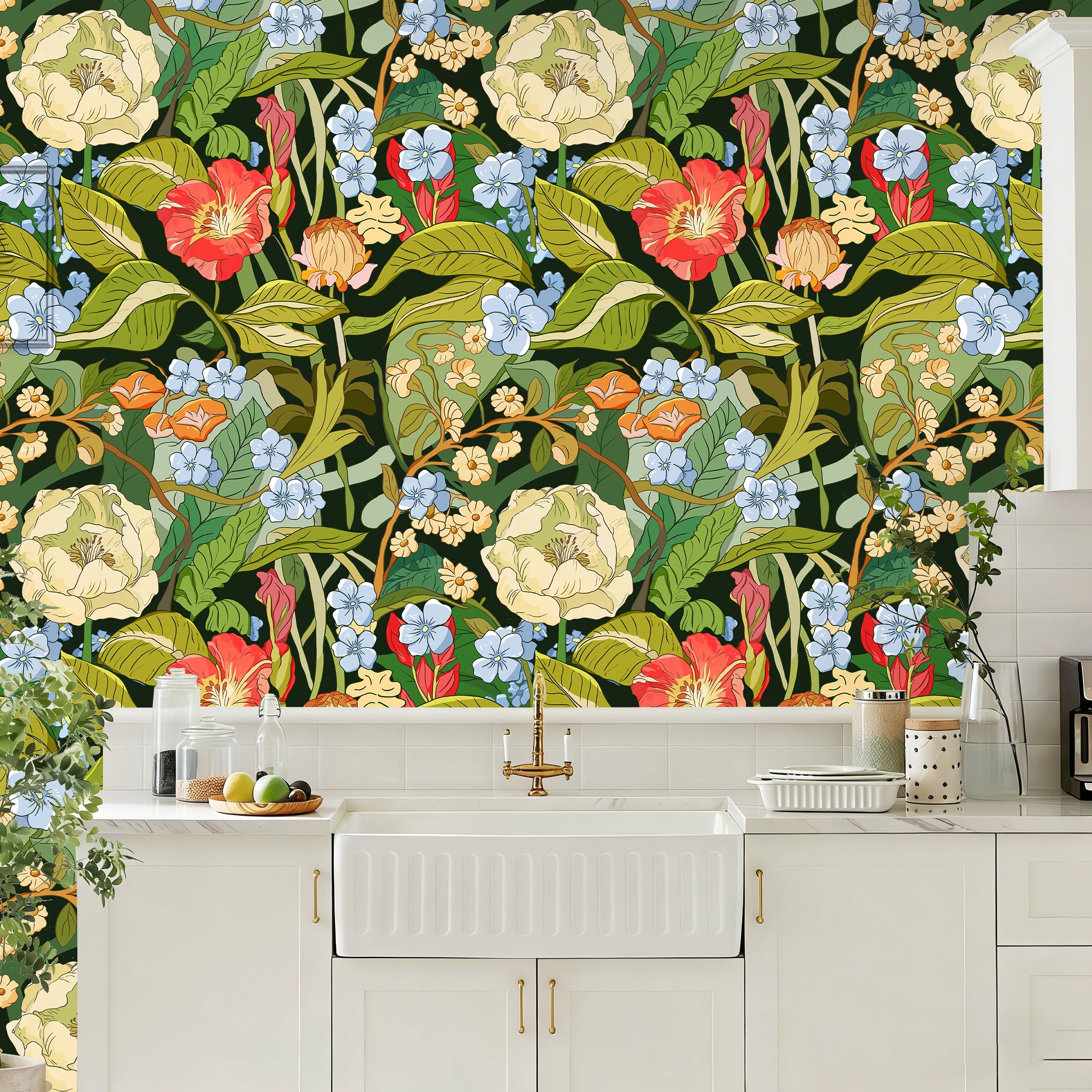 HaokHome Moody Dark Botanical Peel and Stick Wallpaper, Lush Vintage Floral Removable Self Adhesive Wallpaper with Vibrant Wildflower Blooms