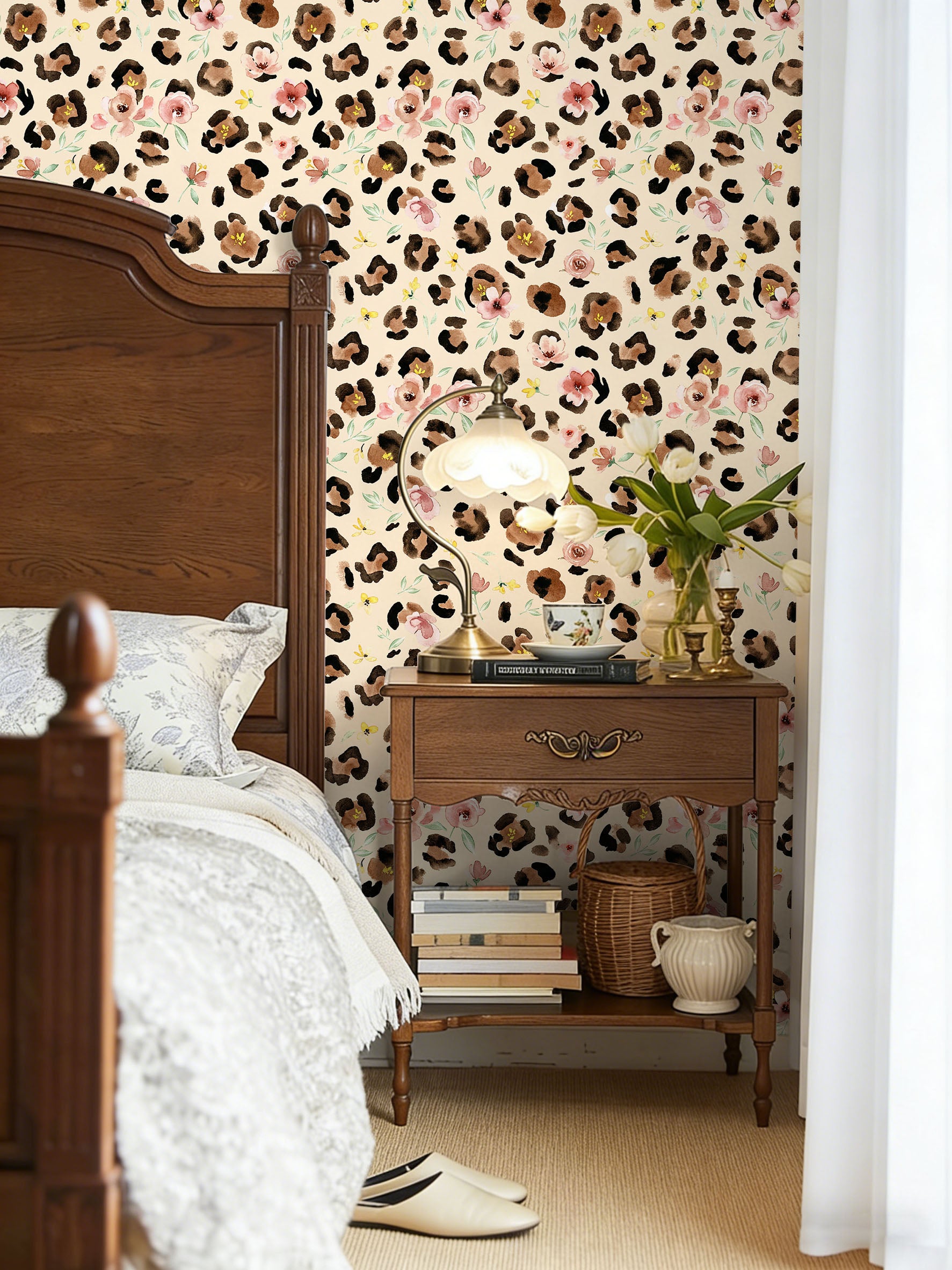 HaokHome Peel and Stick Wallpaper Watercolor Leopard Print Floral Wall Mural Removable Self Adhesive Soft Botanical Wallpaper