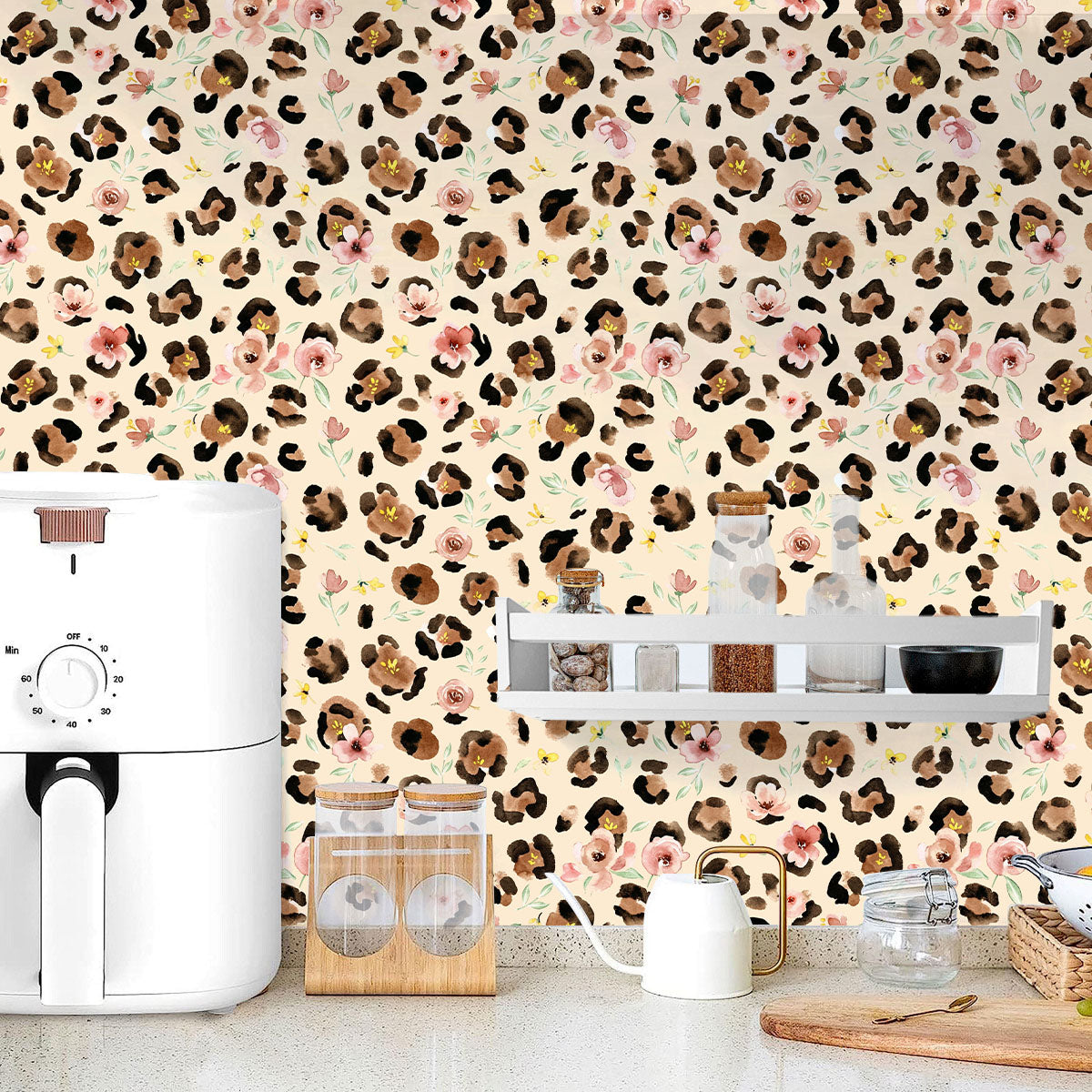 HaokHome Peel and Stick Wallpaper Watercolor Leopard Print Floral Wall Mural Removable Self Adhesive Soft Botanical Wallpaper