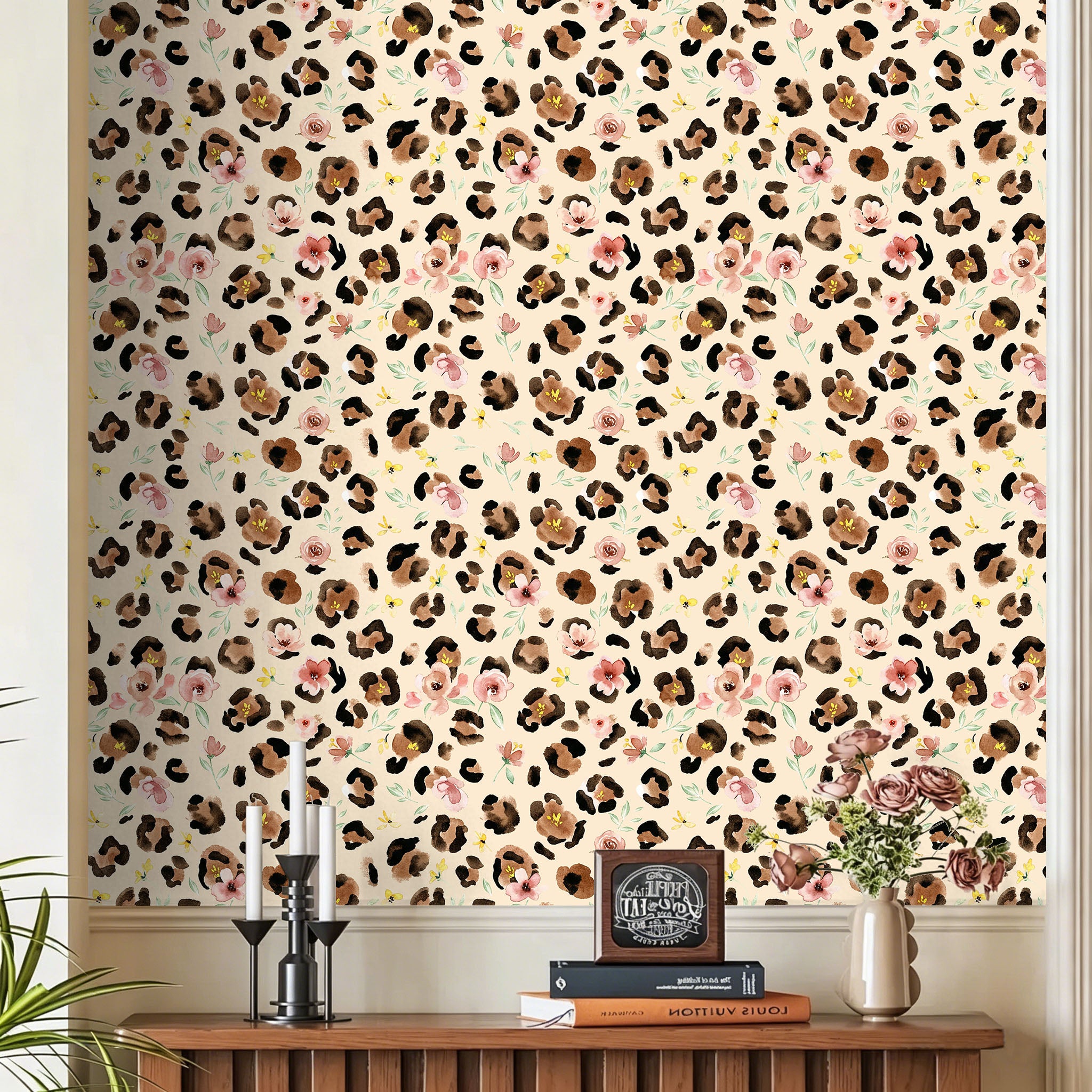 HaokHome Peel and Stick Wallpaper Watercolor Leopard Print Floral Wall Mural Removable Self Adhesive Soft Botanical Wallpaper