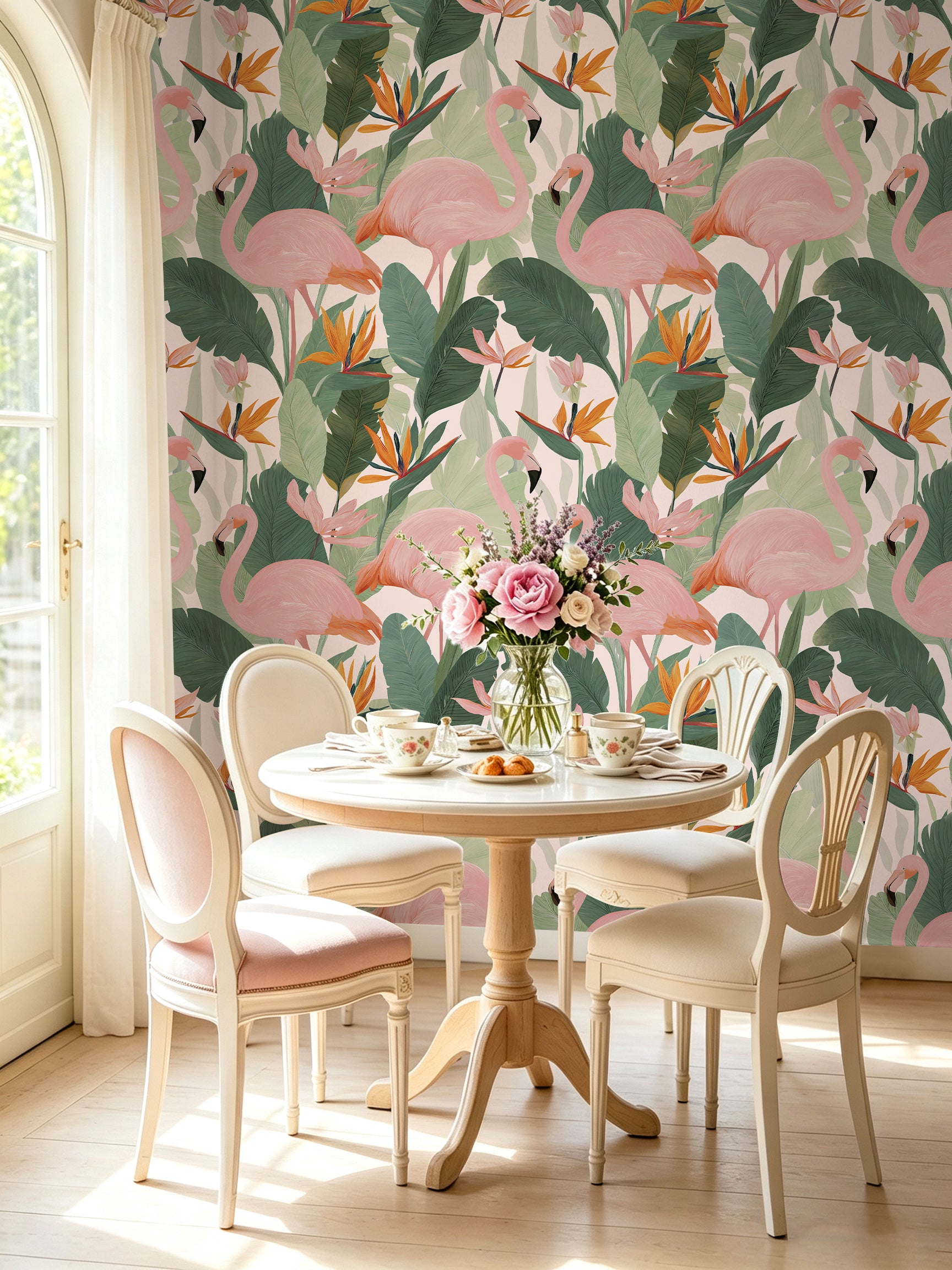 HaokHome Peel and Stick Wallpaper - Bold Tropical Flamingo & Bird of Paradise Pattern Removable Self Adhesive Wallpaper for Living Room