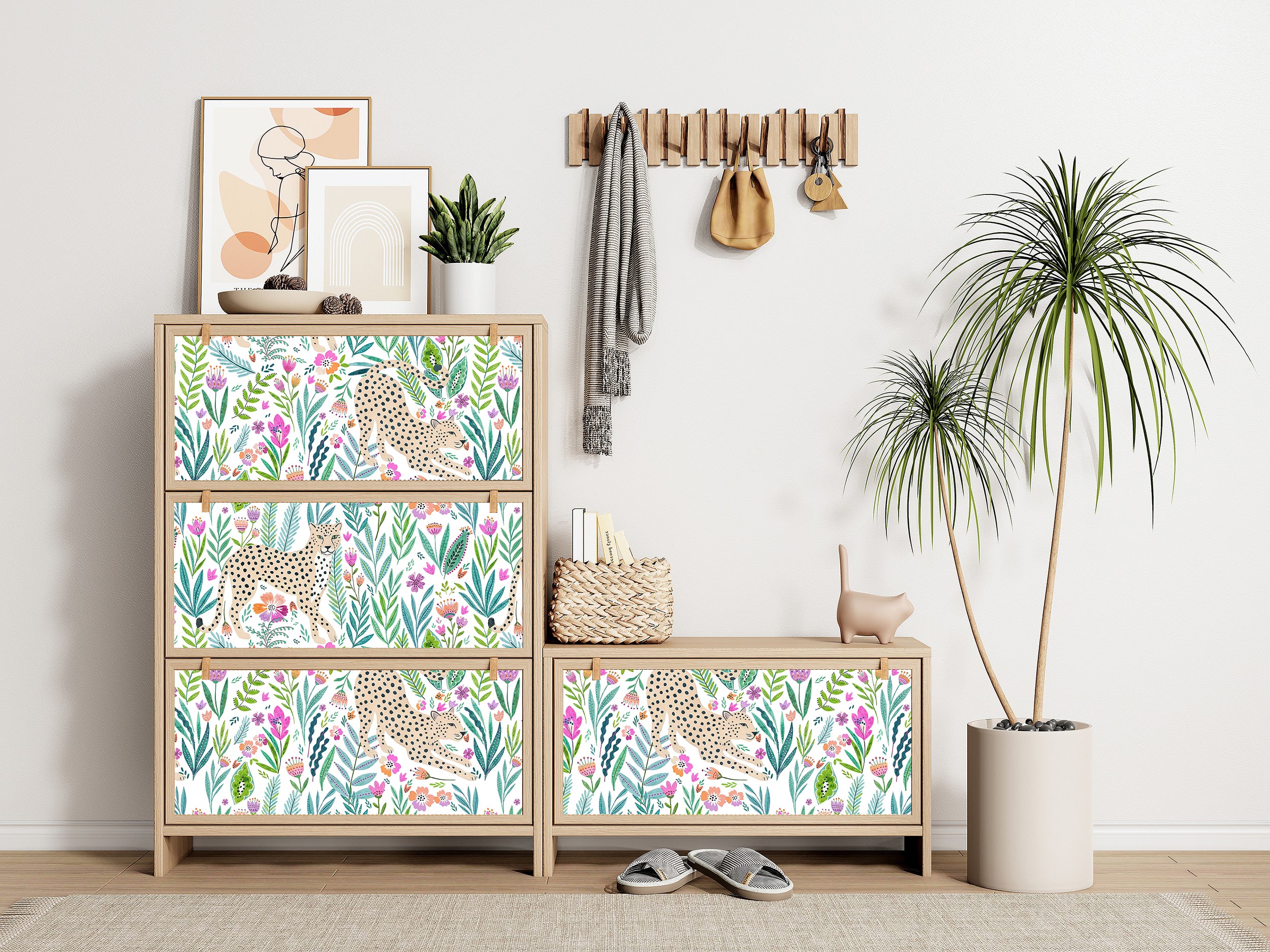 HaokHome Floral Peel and Stick Wallpaper Colorful Tropical Cheetah Jungle, Boho Botanical Flat Illustration Removable Self Adhesive Vinyl Contact Paper for Living Room