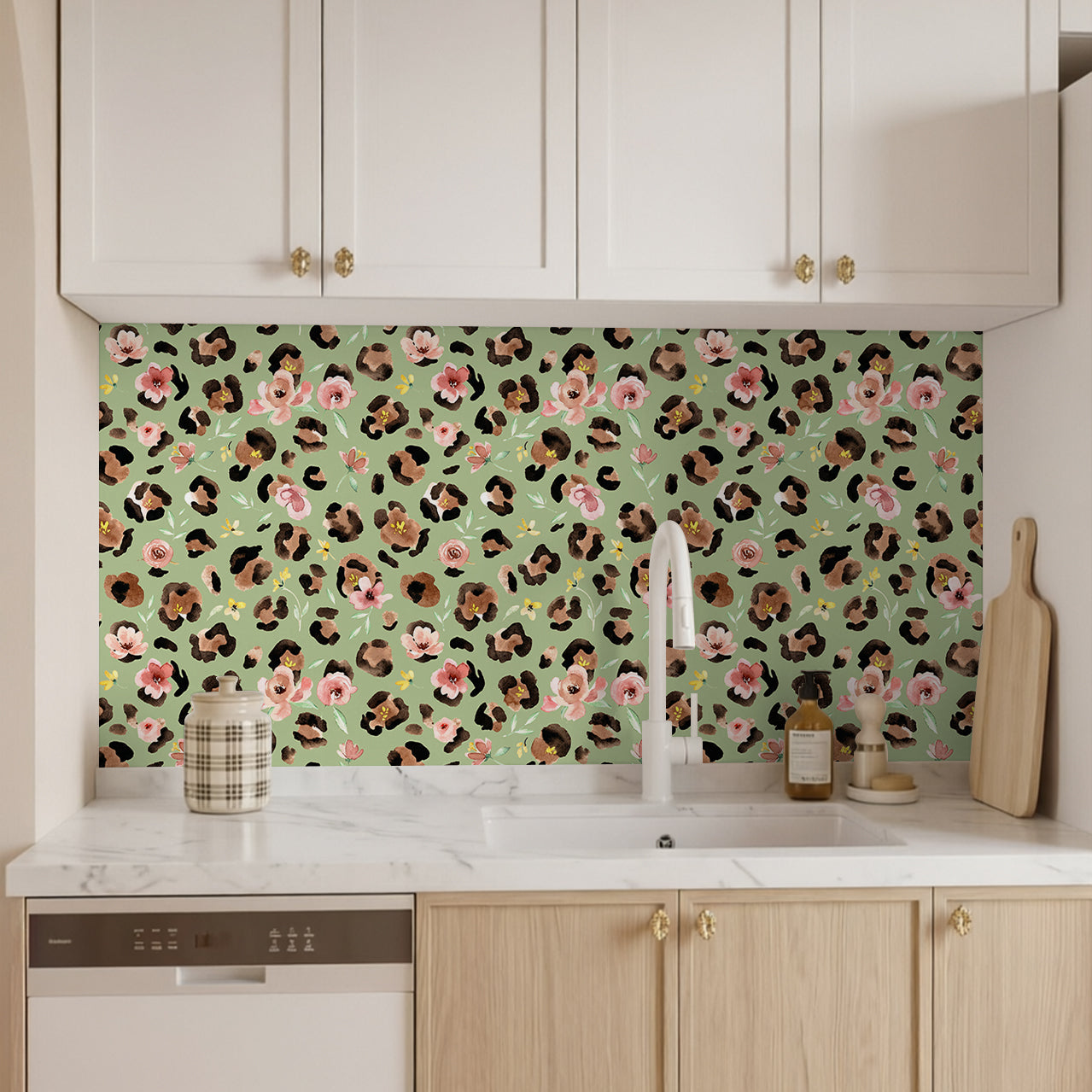 HaokHome Watercolor Leopard Floral Peel and Stick Wallpaper – Pink Flowers on Sage Green Background