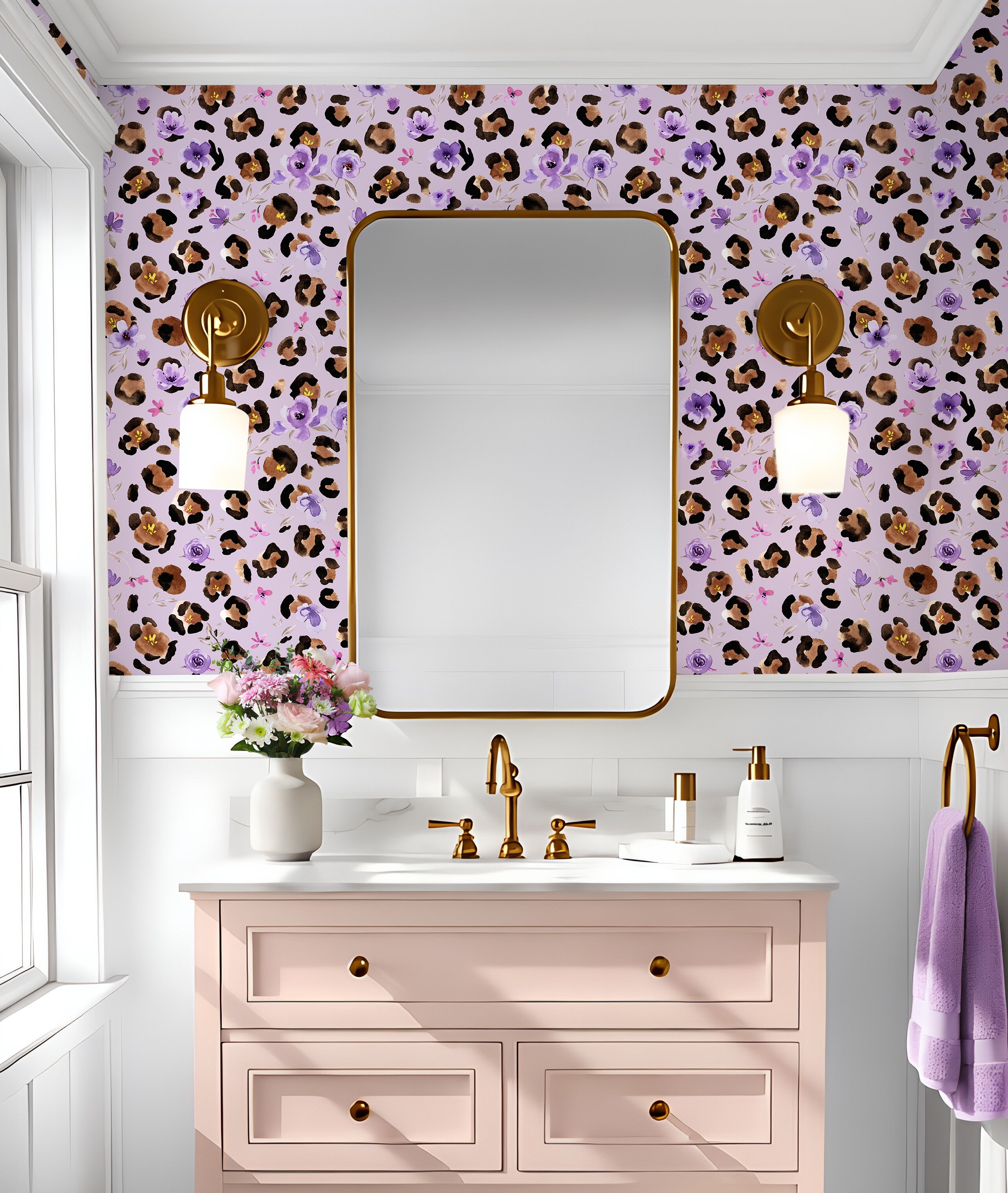 HaokHome Watercolor Leopard Floral Peel and Stick Wallpaper – Purple Flowers on Lavender Purple Background