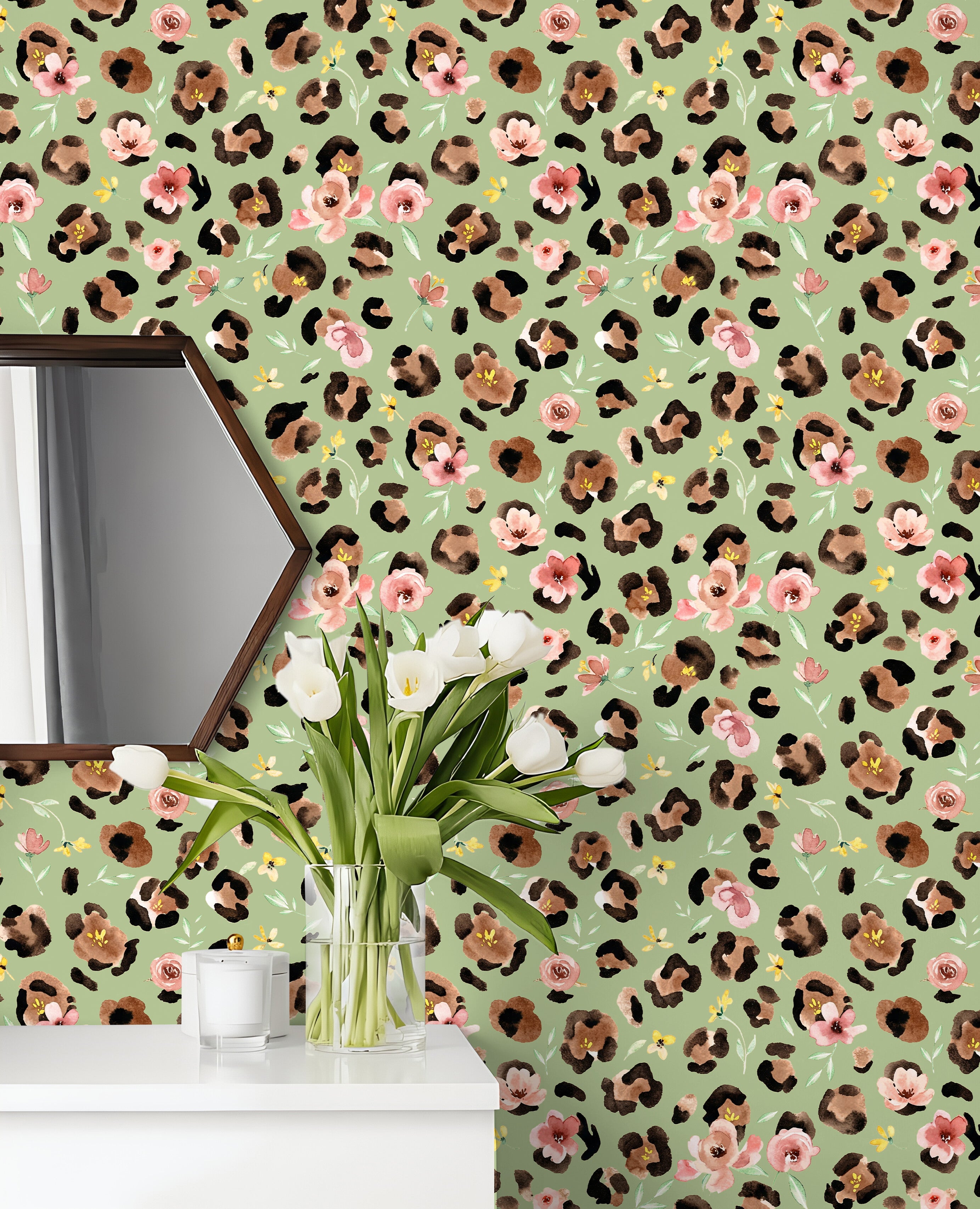 HaokHome Watercolor Leopard Floral Peel and Stick Wallpaper – Pink Flowers on Sage Green Background